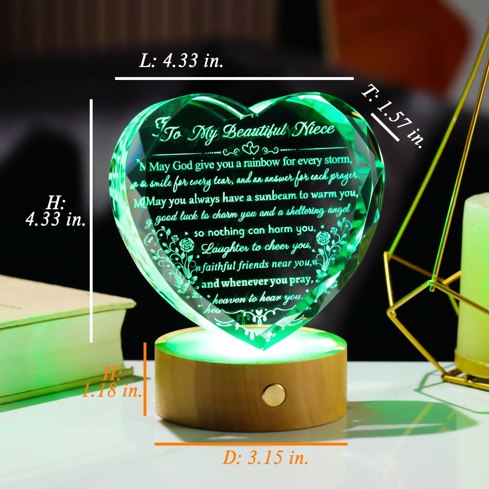 YWHL Crystal Niece Gifts from Auntie, Birthday Gifts for Niece from Aunt Uncle, To My Niece Crystal Plaque with Colorful Led Bas
