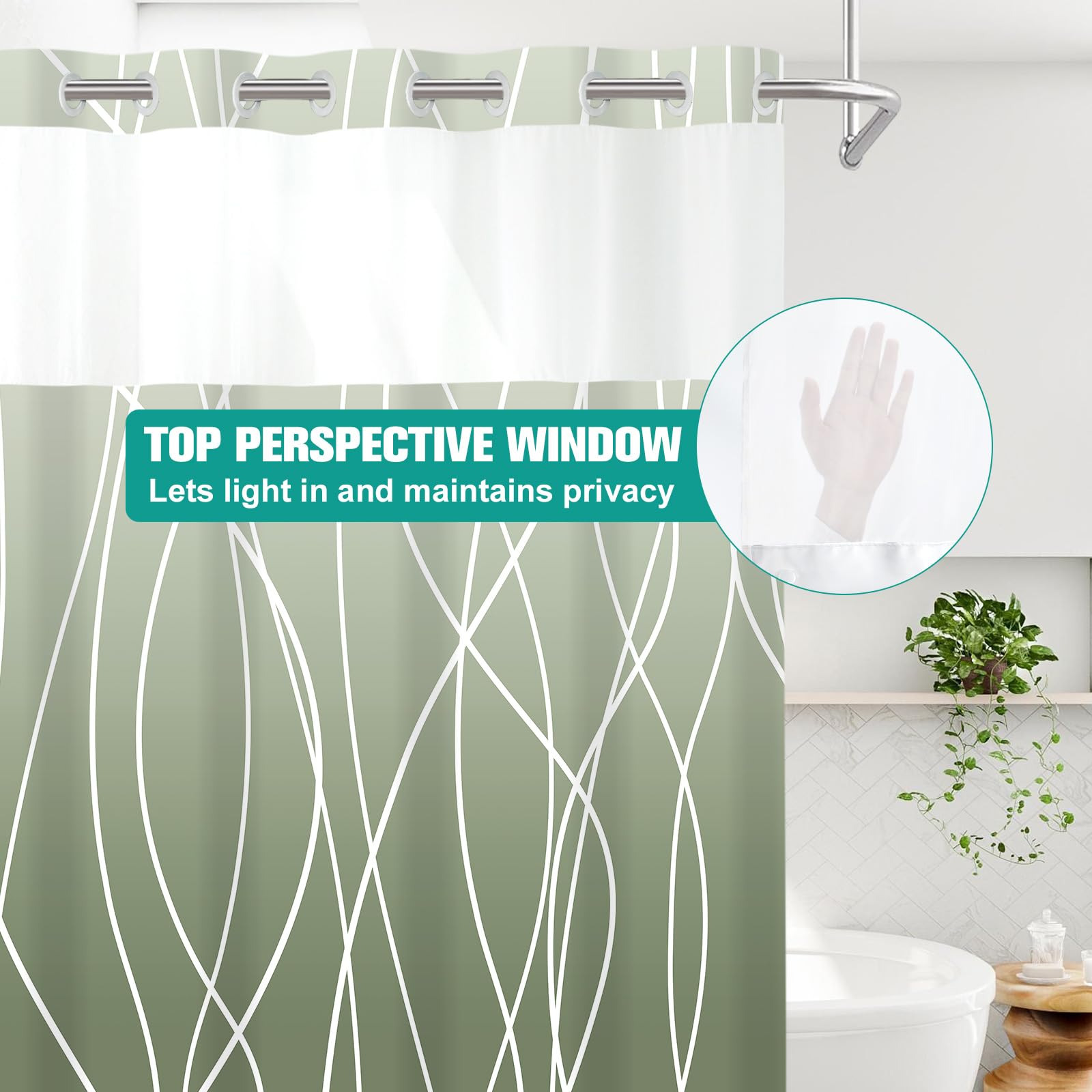 Lxbni No Hook Ombre Sage Green Striped Shower Curtain With Snap In Fabric Liner Set - Hotel Shower Curtain And Liner Set With Se