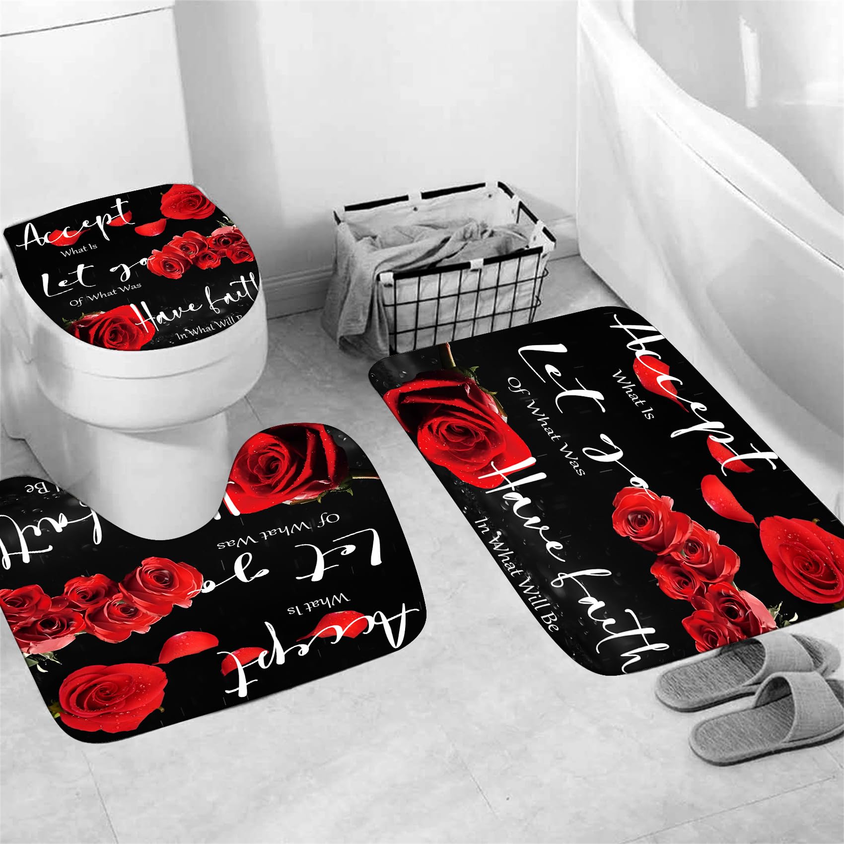 Yddsky 4 Pcs Red Rose Shower Curtain Sets Non-Slip Rugs Bath Mat Toilet Cover U Shaped Mat Thankful Grateful Blessed Black Red S