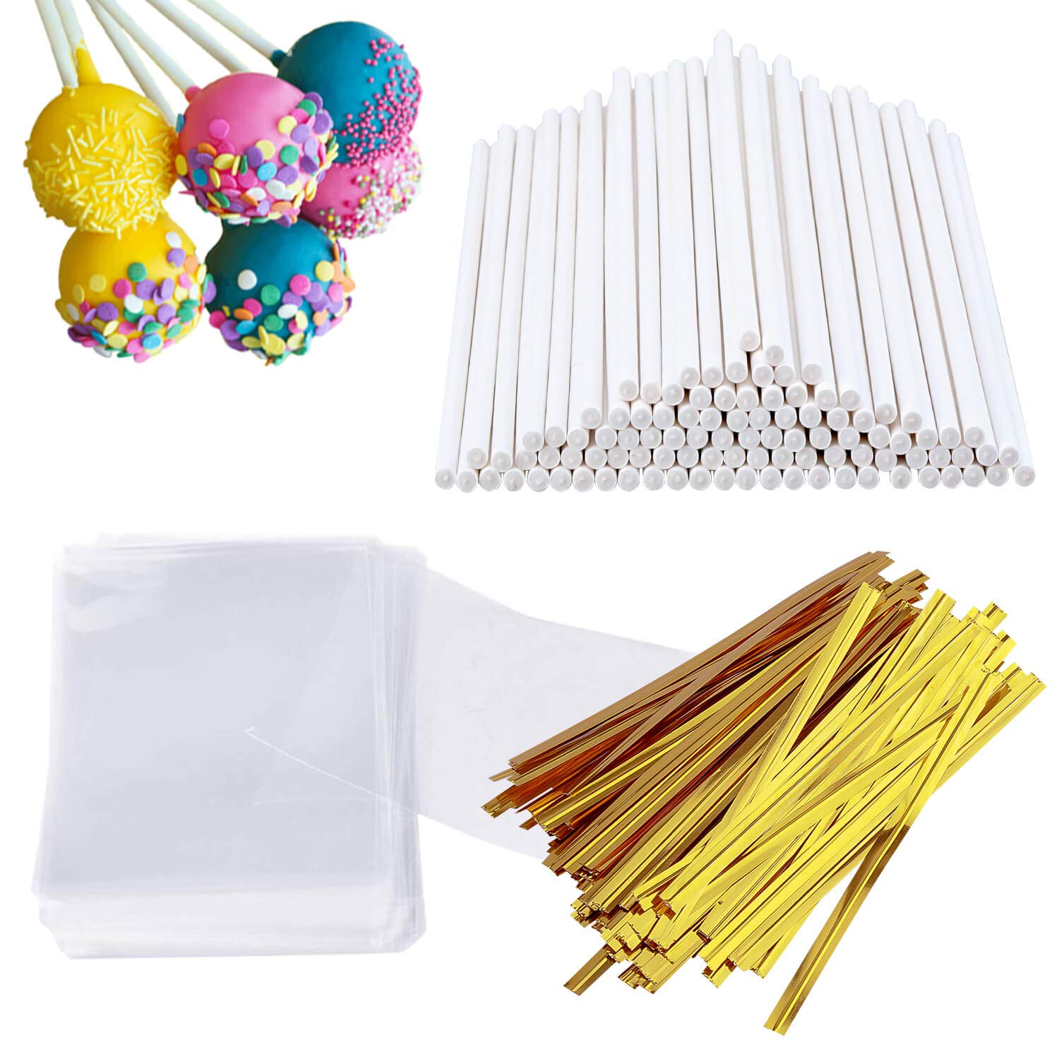 300 Pcs Cake Pop Sticks And Wrappers Kit, Including 100Ct 6-Inch Paper Lollipop Sticks, 100Ct Clear Candy Treat Bags Parcel, 100