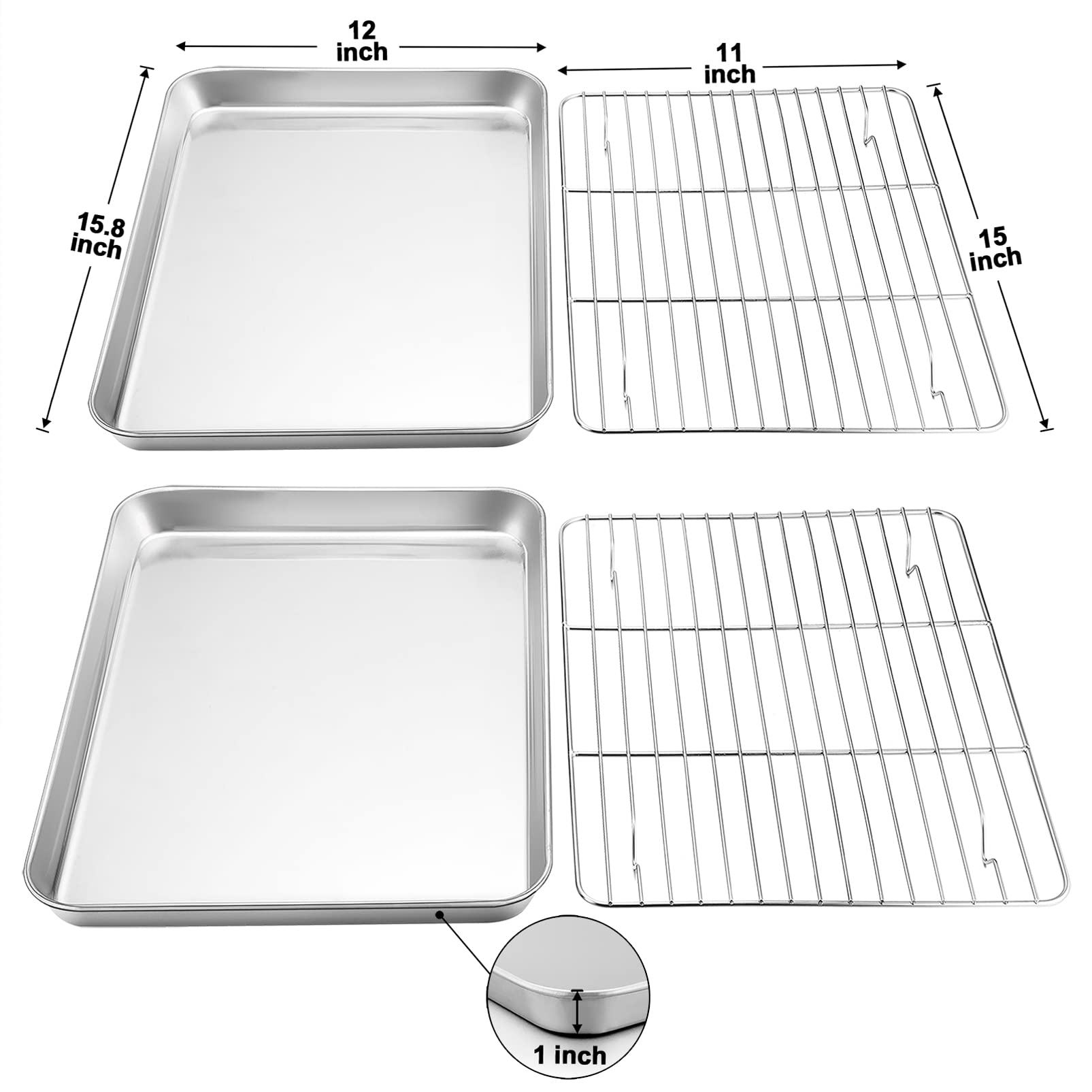 Teamfar Baking Sheet With Rack Set (2 Pans + 2 Racks), Stainless Steel Baking Pan Cookie Sheet With Cooling Rack, Non Toxic & He