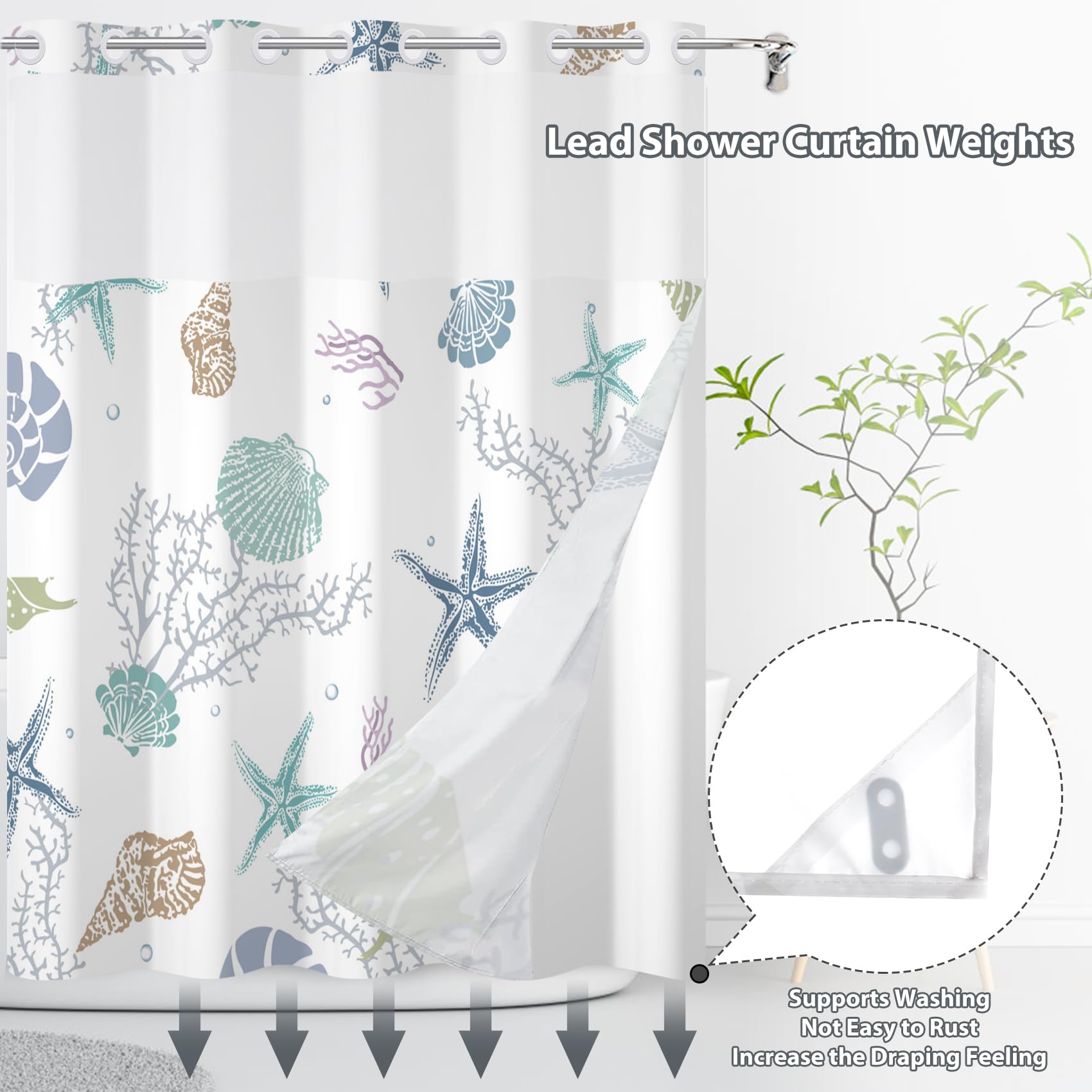 Yanutan No Hook Shower Curtain,Ocean Theme Double-Layered Shower Curtain With Snap-In Liner And Weights,Starfish Coral Nautical
