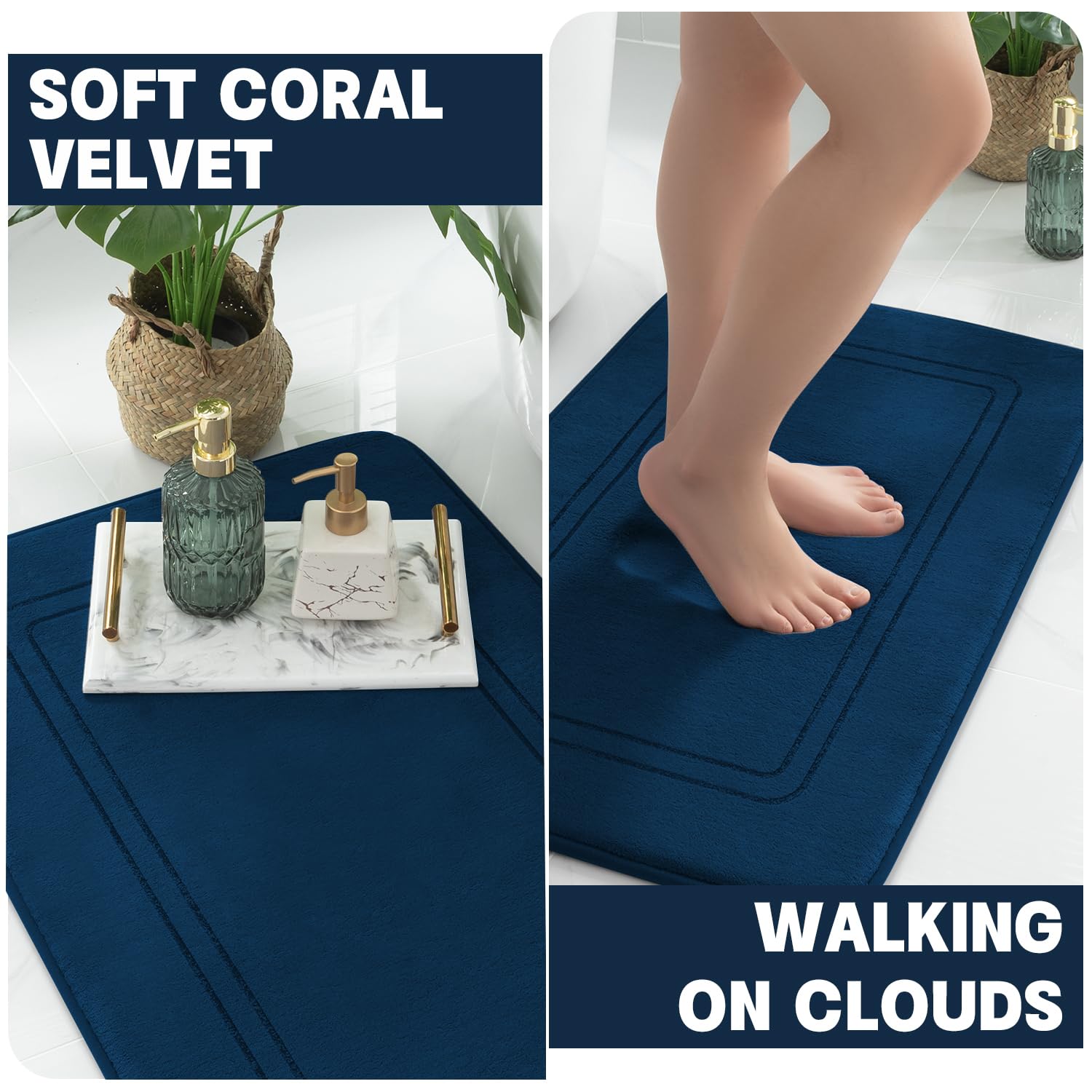 Yihouse Dark Blue Memory Foam Bathroom Rug Set 5 Piece, Absorbent Bathroom Mat Set, Non Slip Bath Mats For Bathroom Washable Dry