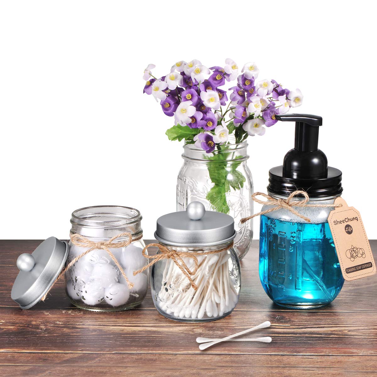 Apothecary Jars Set,Mason Jar Decor Bathroom Vanity Storage Organizer Canister,Premium Quality Glass Qtip Holder Dispenser For Q