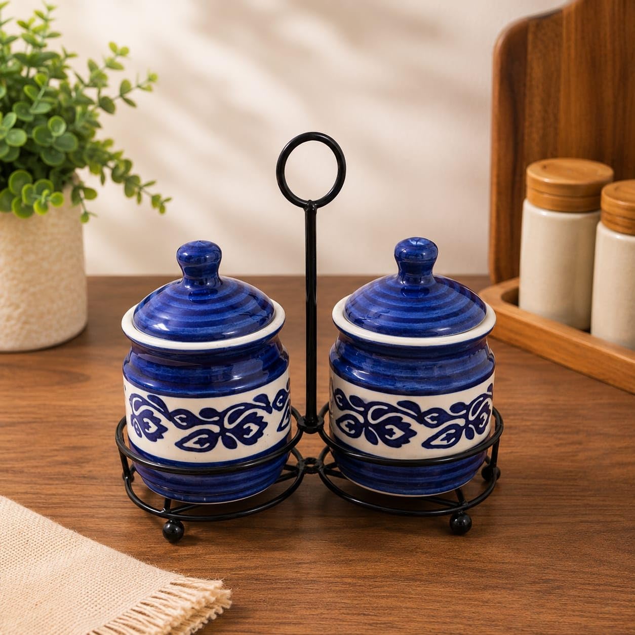 Niyara Multipurpose Storage Ceramic Pickle Set Jars & With Lid & Tray (Set Of 2, 300 Ml) (Blue Flower)