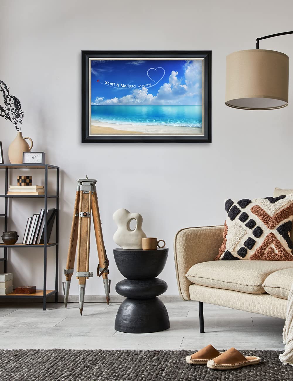 Ipic - Seaside Skywriting Personalized Framed Wall Art With Names And Date On, Giclee Prints Framed With Solid Wood, Custom Memo