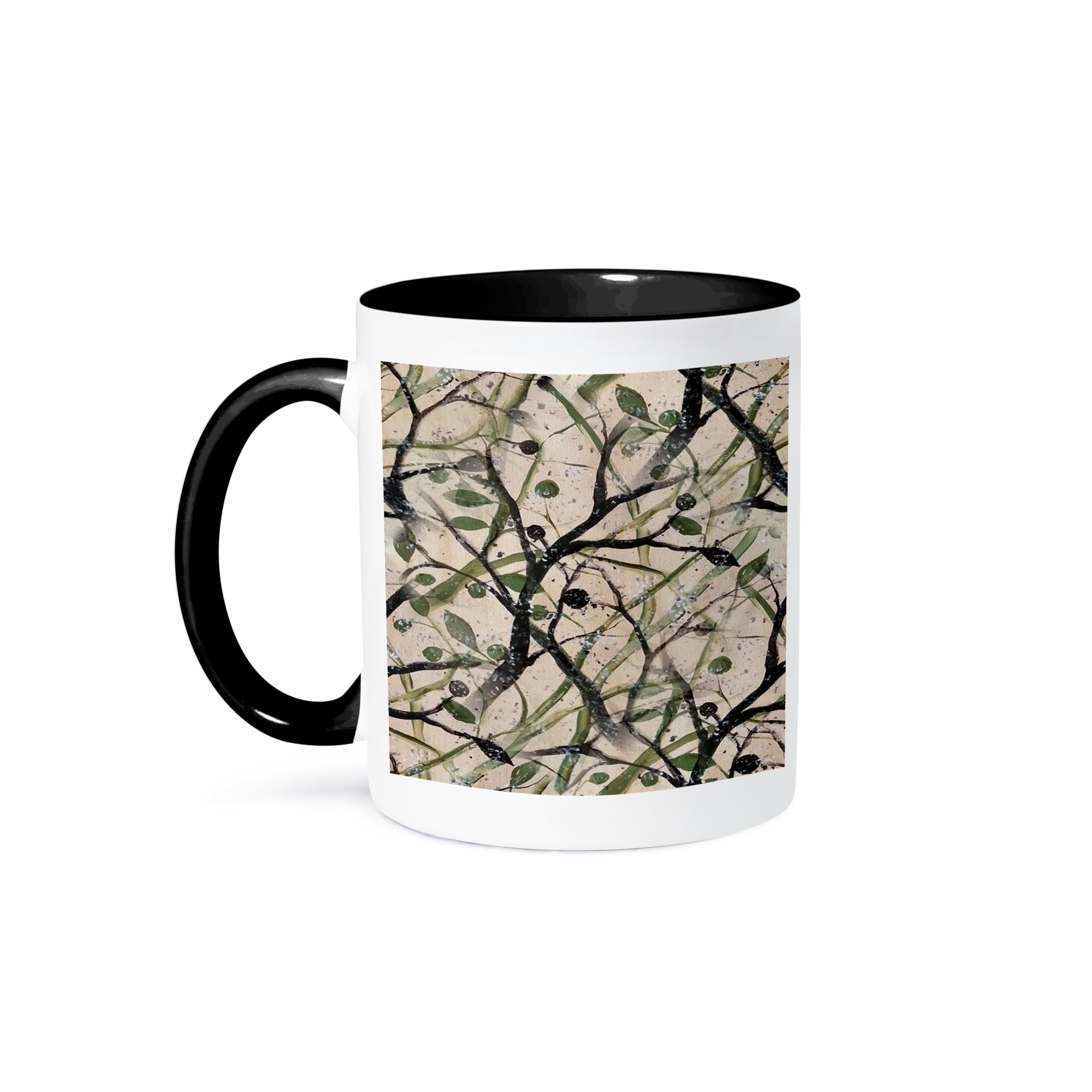 3dRose Black And Green Olive Tree Digital Abstract 11oz Two-Tone Black Mug