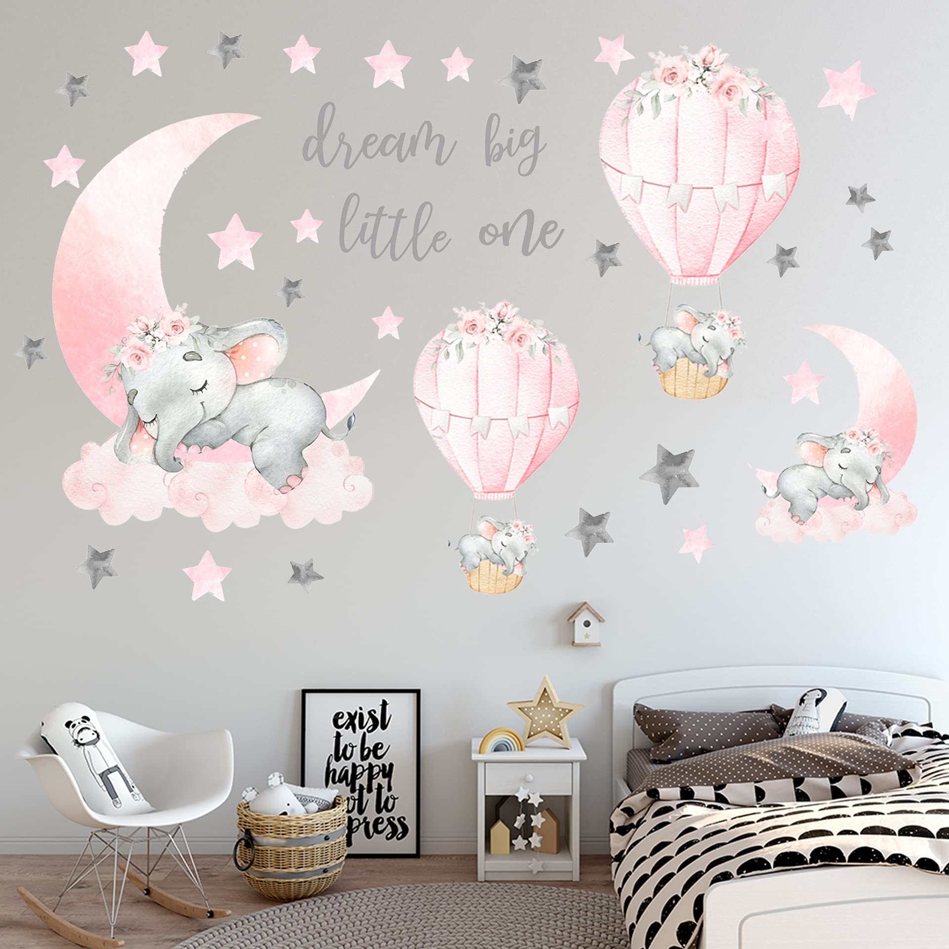 Dream Big Little One Elephant Wall Stickers  Pink Moon Hot Air Balloon Grey Stars Wall Decals for Nursery Kids Room Living Room Bedroom Decorations Home Decor