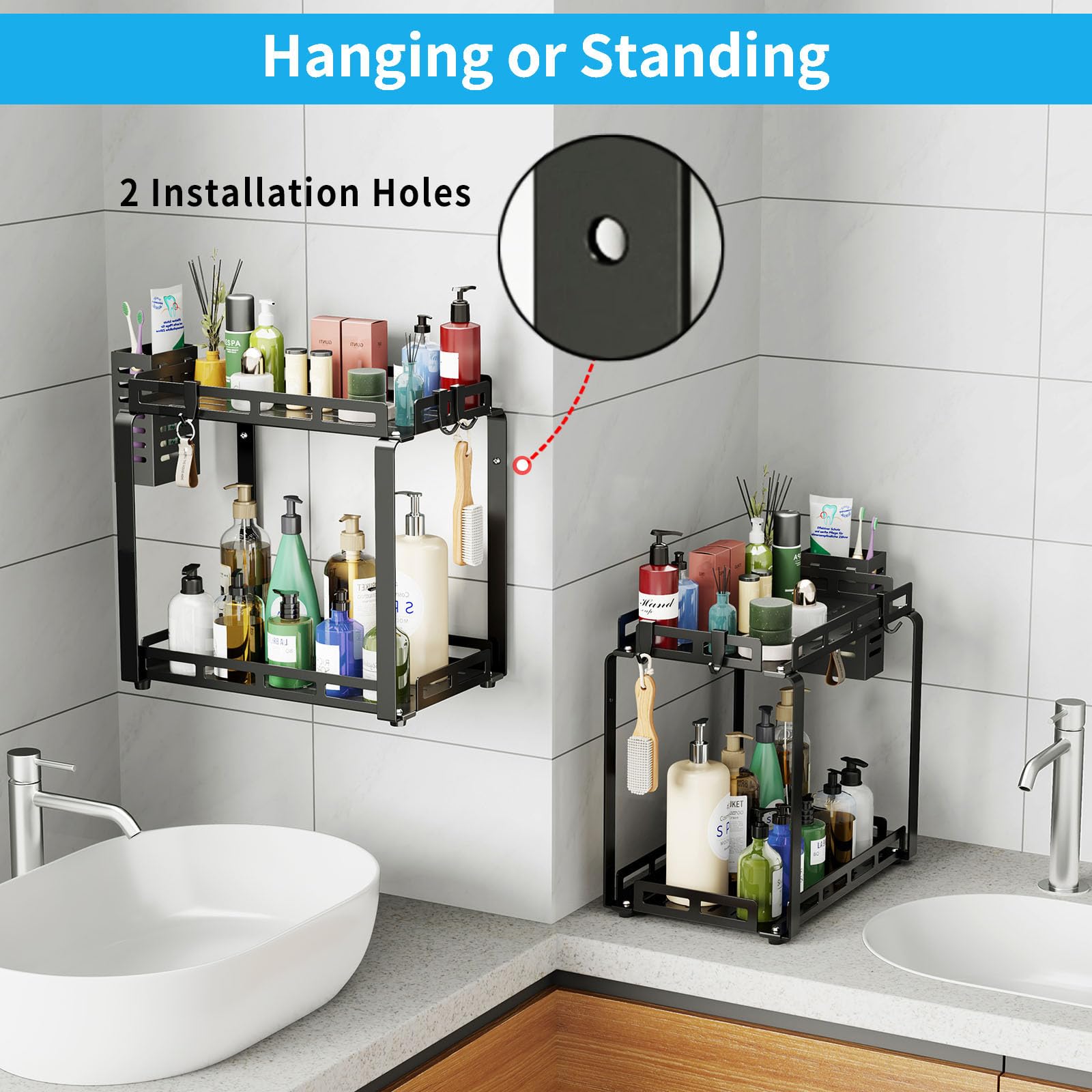 Junyuan Spice Rack For Kitchen Counter,2 Tier Bathroom Countertop Organizer With Basket, Bathroom Shelves, Wall Mount Bathroom S
