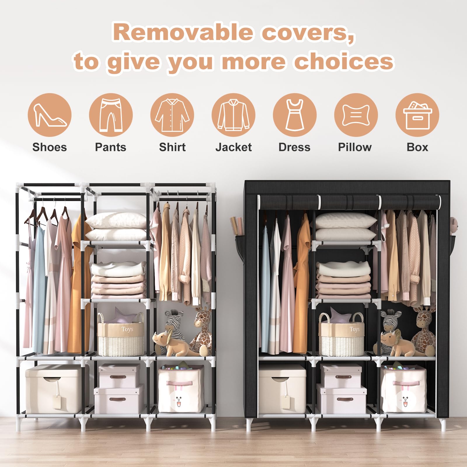 Vtrin Portable Closet, Large Capacity Portable Wardrobe With 2 Hanging Rods And 8 Storage Shelves, Sturdy Free Standing Closet W