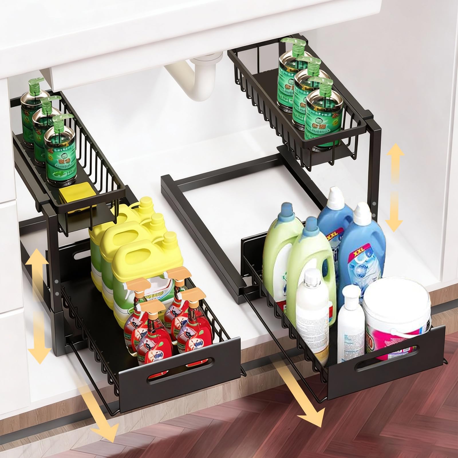NUNET 2 Pack Under Sink Organizer, Height Adjustable Pull Out Cabinet Shelf, Heavy Duty Metal Sliding Drawer, RustResistant Sto