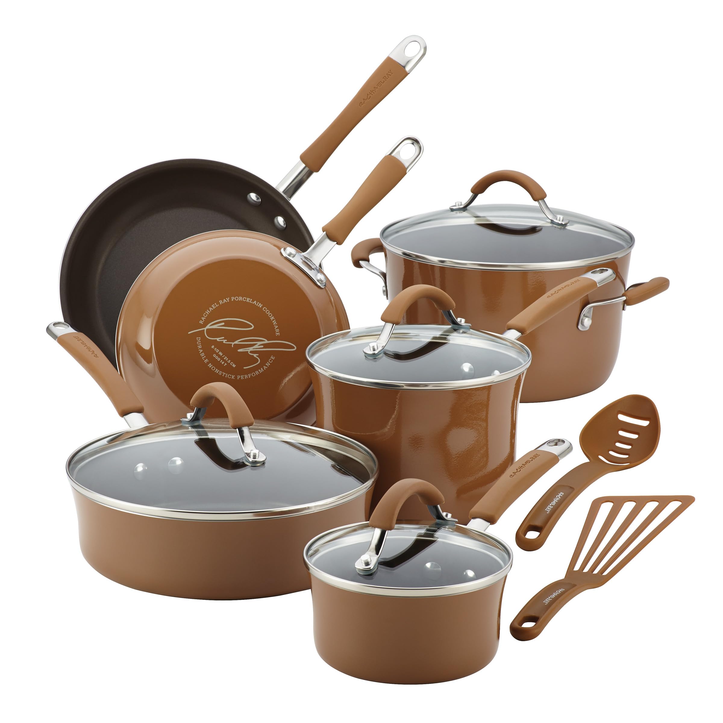 Rachael Ray Cucina Nonstick Cookware Pots and Pans Set, 12 Piece, Mushroom Brown