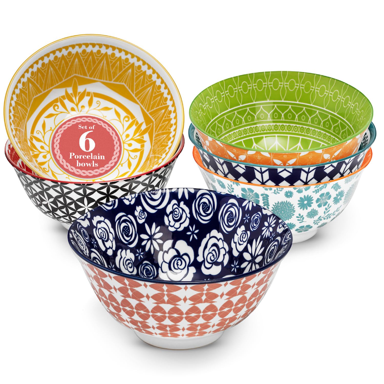 Annovero 23 Oz Bowls | Deep Cereal Bowls Set Of 6 | Colorful Porcelain Bowls For Serving Breakfast, Dinner, Or Small Dish Of Sou