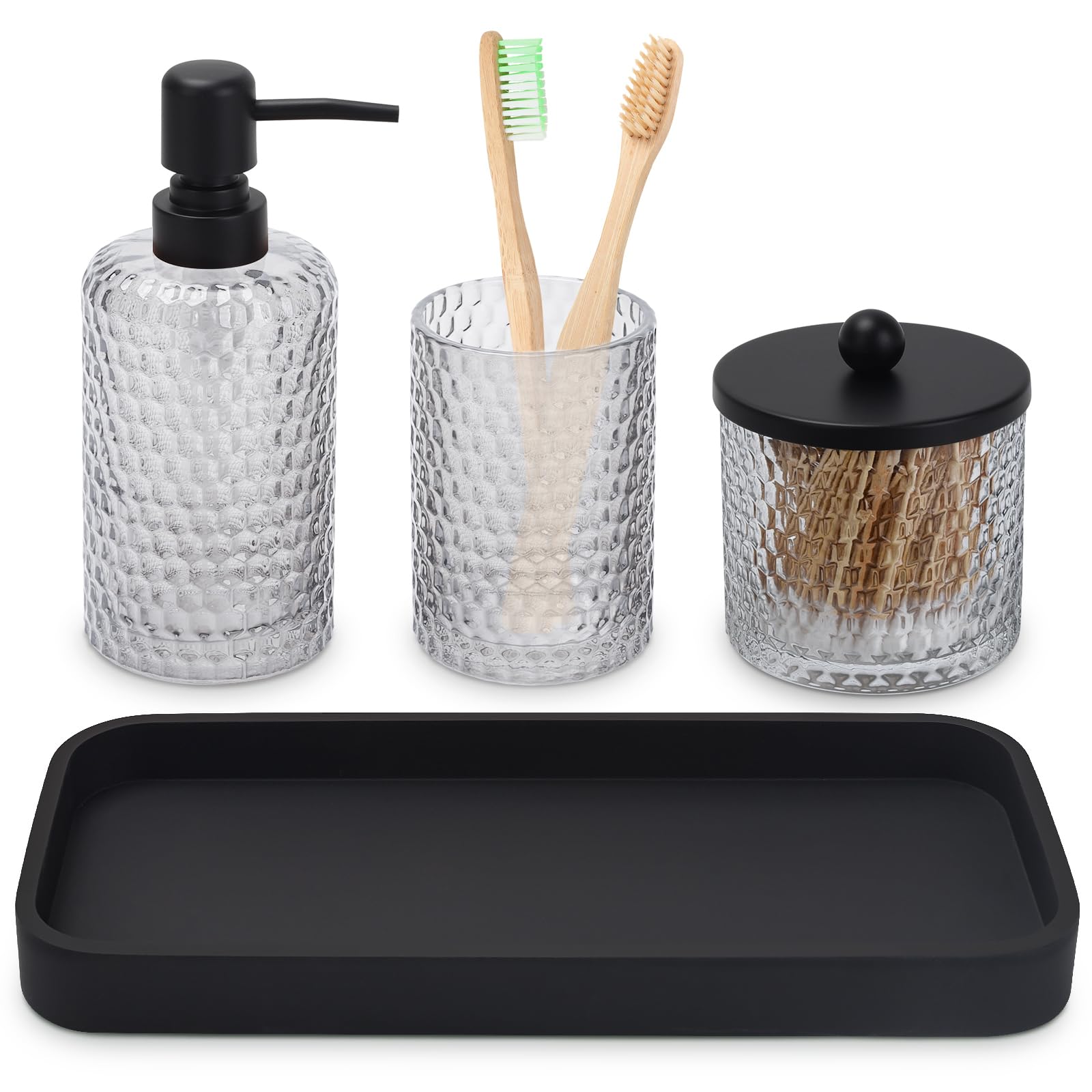 Bathroom Accessory Set,4 Pcs Clear Glass Bathroom Accessories Set-Lotion Soap Dispenser,Toothbrush Holder,Qtip Holder Dispenser