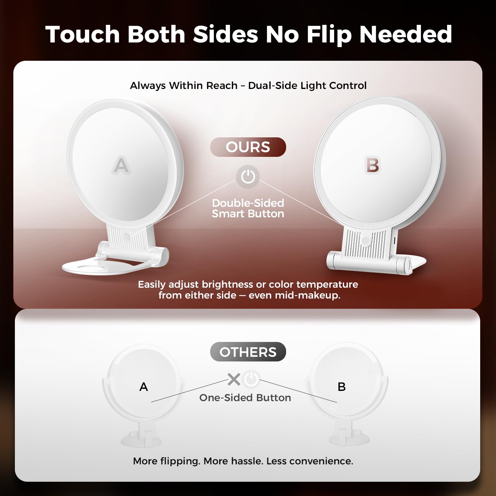 tubbede 1X/30X Lighted Makeup Mirror with Magnification, Double-Sided Switch, 3-Color Lights, 2000mAh Rechargeable, Adjustable B