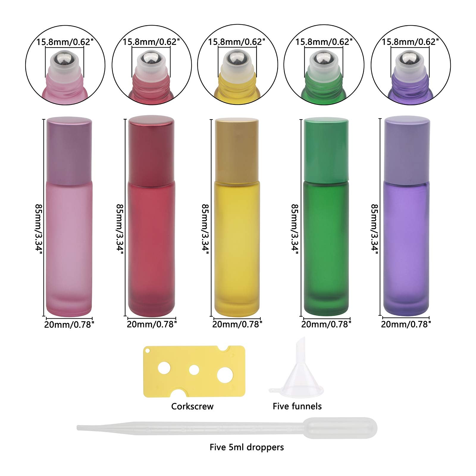 Jiuwu 10Pcs 10Ml 1/3 Oz Essential Oils Stainless Steel Roller-On Bottles Refillable Perfume Organic Beauty Stainless Steel Frost