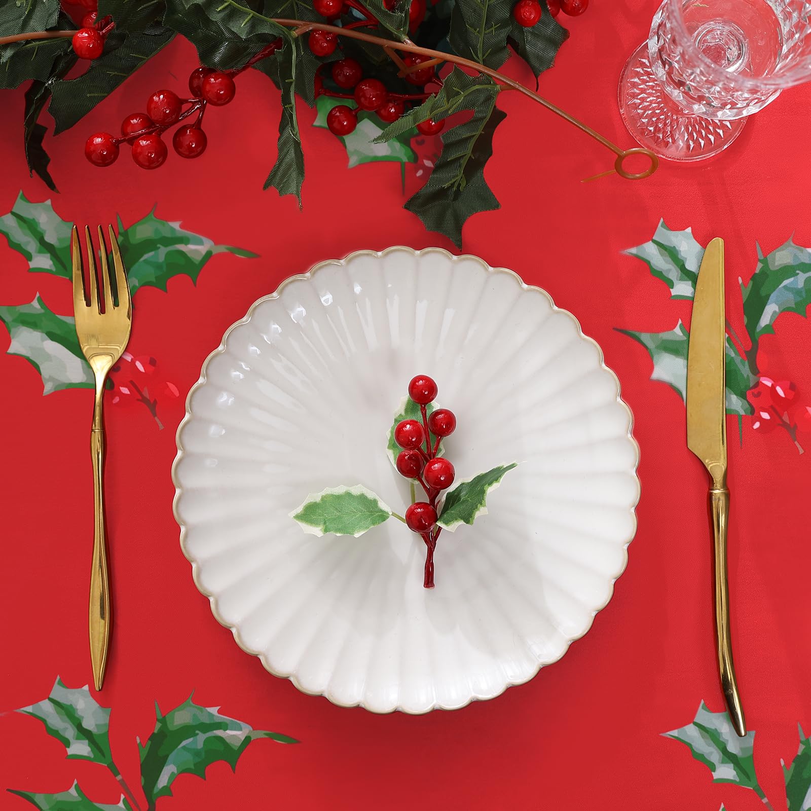 Homing Christmas Round Tablecloth - Red Poinsettia Flower Holly Holiday Wrinkle Resistant Spillproof Easy Care Table Cloth For P