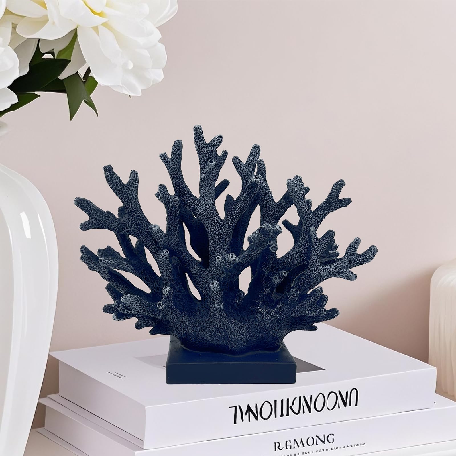 Elegondrar 5.8 H Dark Blue Coral Decor - Resin Coral Statue, Nautical Decor for Home, Bedroom, Bathroom, Living Room, Ocean Them