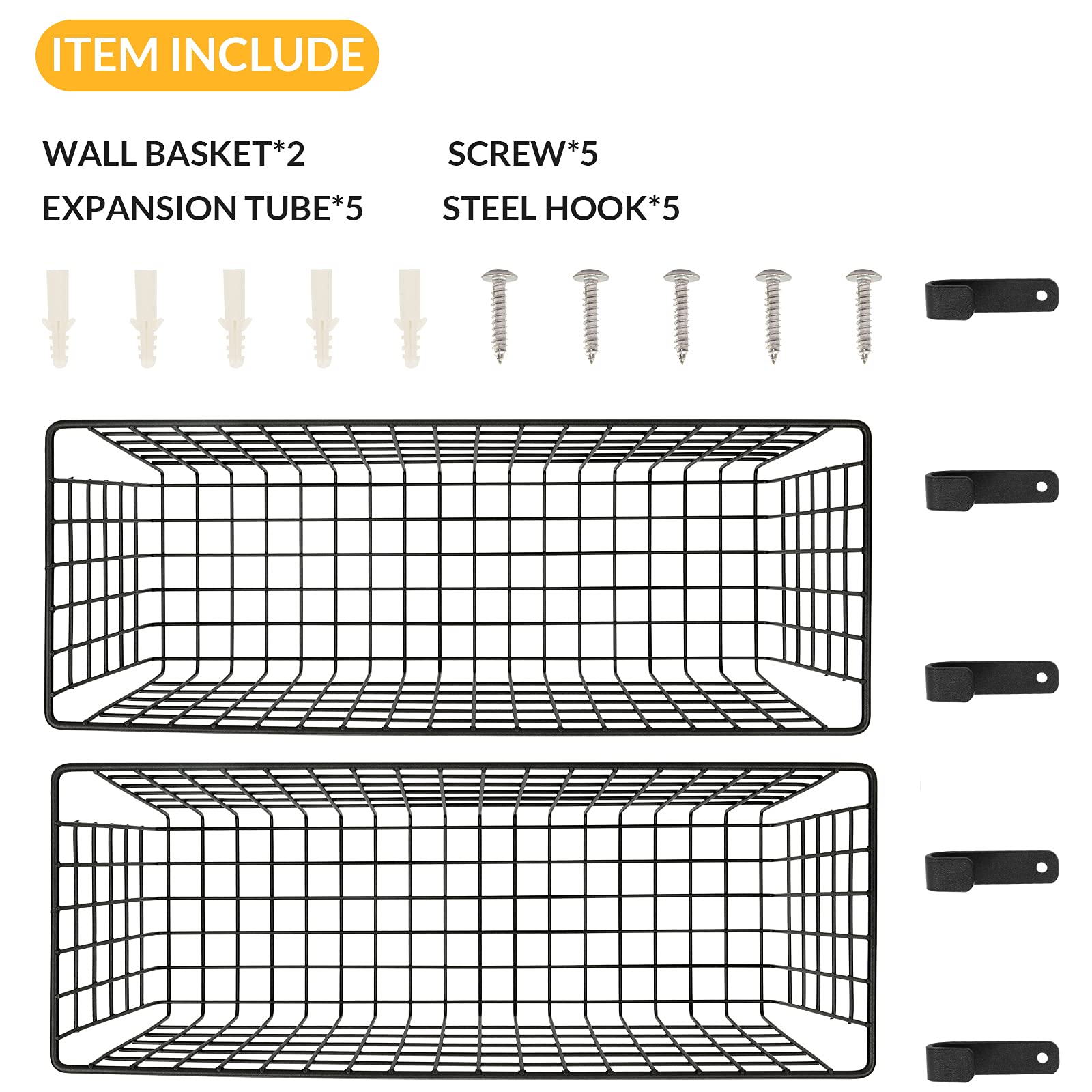 2 Sets Extra Large Hanging Wall Basket, Black Metal Wire Baskets With Steel Hooks For Organizing, Wallmountedfruit Vegetable Toy