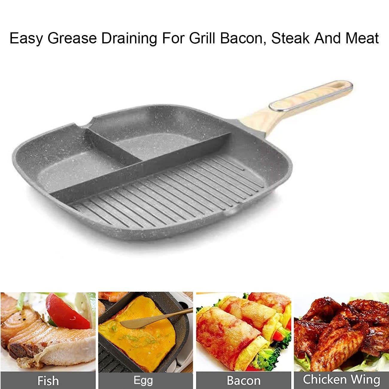 Justup Nonstick Grill Pan, 3-In-1 Egg Pan 11 Inch Non Stick Skillet Pan, Heat Resistant Handle 3 Section Skillet Pancake Pan, Di