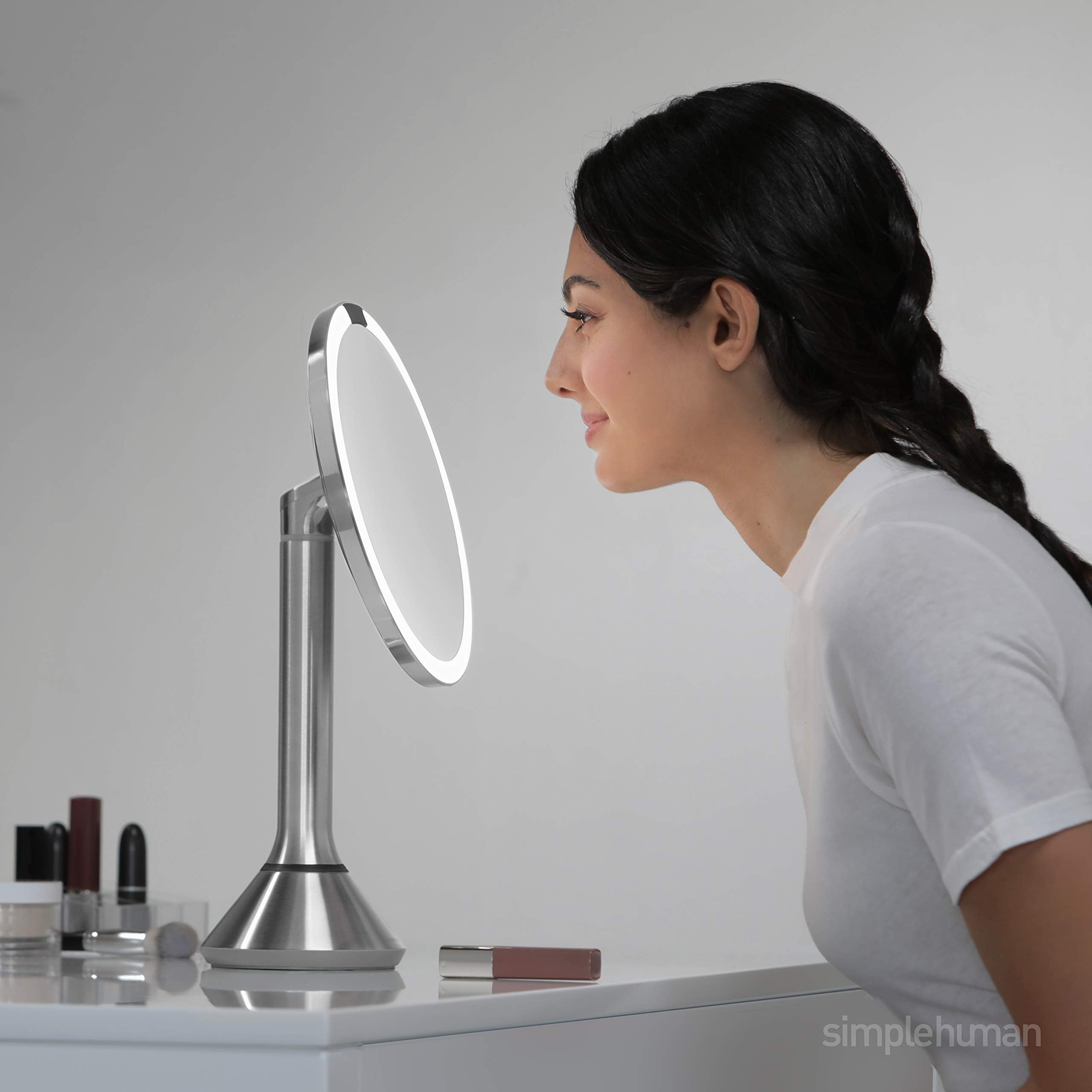 Simplehuman 8'' Round Sensor Makeup Mirror With Touch-Control Brightness, 5X Magnification, Rechargeable And Cordless, White Sta