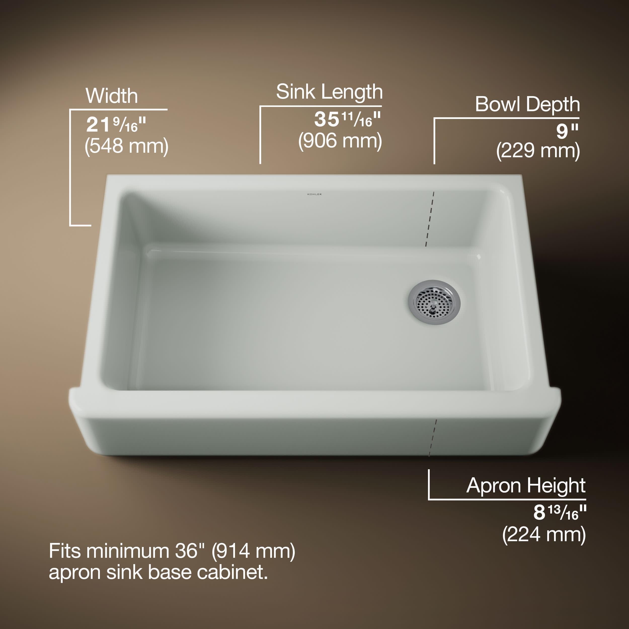 Kohler K-6489-95 Whitehaven Farmhouse Self-Trimming Apron Front Single Basin Sink With Tall Apron, Ice Grey