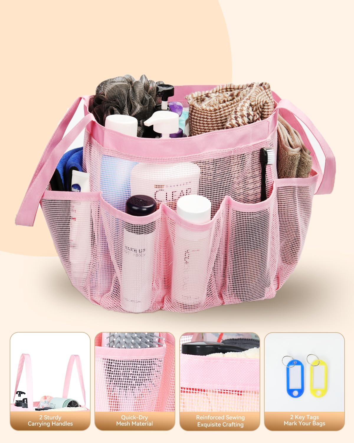 Temede Mesh Shower Caddy Tote, Large Shower Caddy Basket Portable, Quick Dry Hanging Toiletry Bag, 8 Storage Pocket Bath Organiz