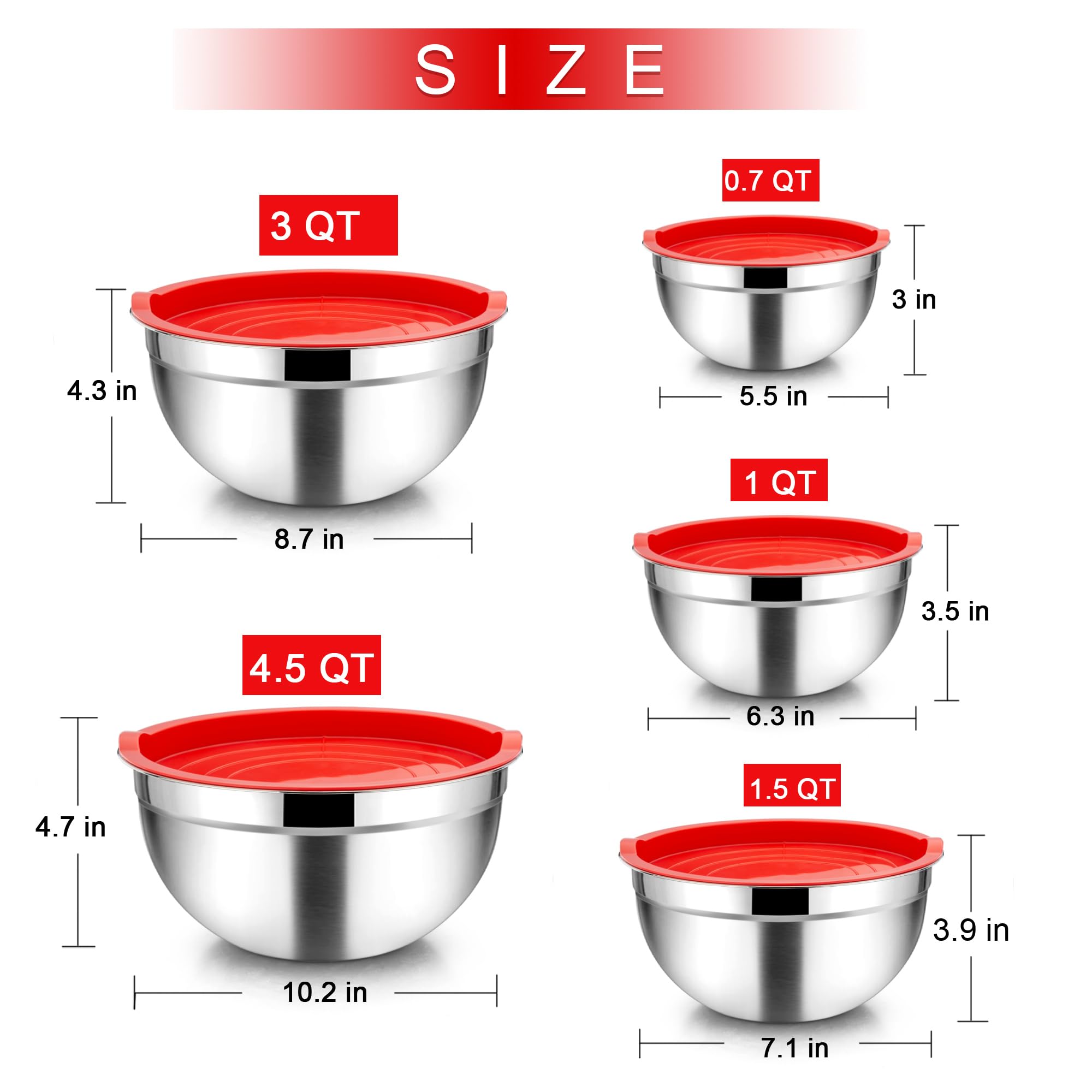 Teamfar Mixing Bowls, 4.5/3/1.5/1/0.7 Qt, Stainless Steel Metal Nesting Salad Bowl With Lid Set, Ideal For Mixing Serving, Non-T