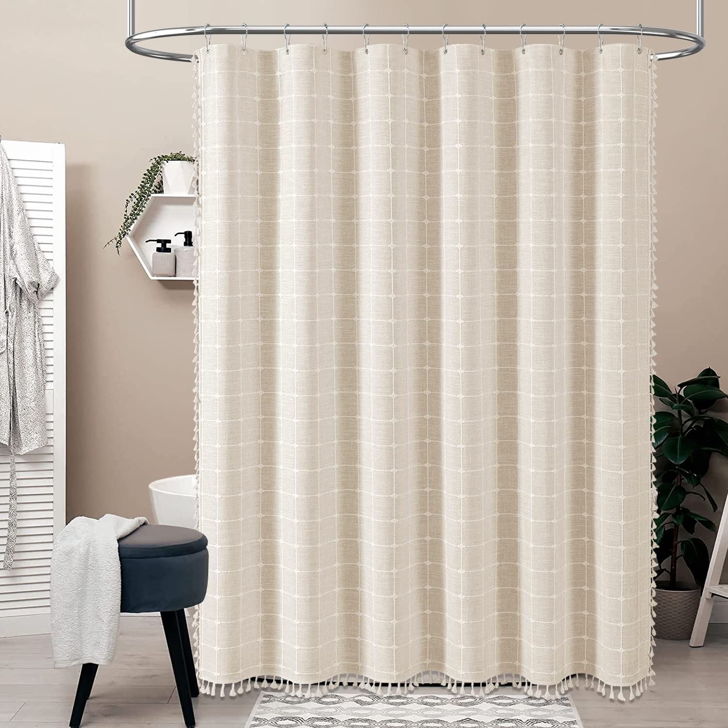 Bttn Stall Fabric Shower Curtain - 54X72 Inches Boho Linen Heavy Duty Tassel Shower Curtain Set With 10 Hooks, Narrow Rustic Mod