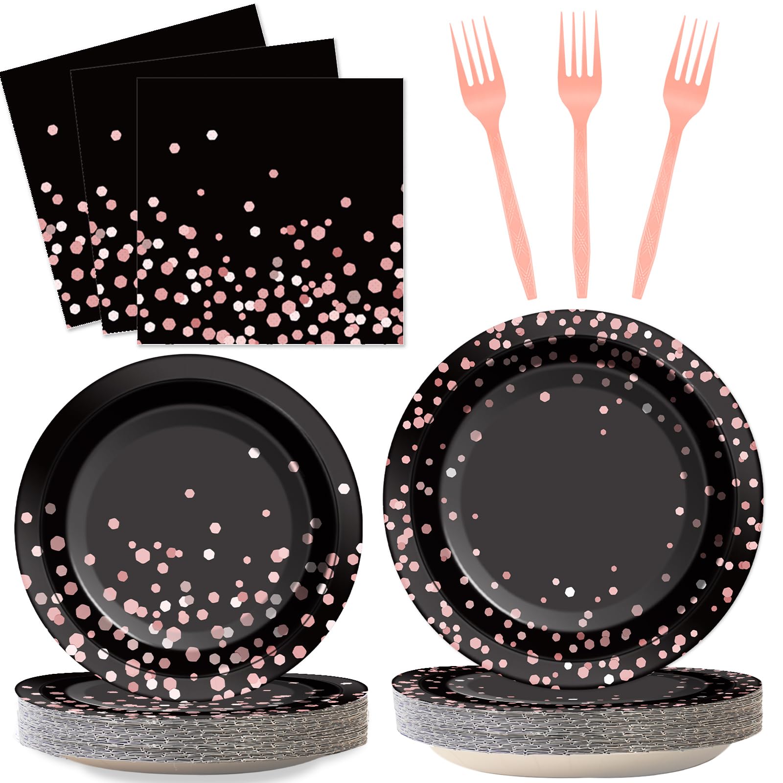 96Pcs Black And Rose Gold Party Supplies Rose Gold Paper Plates Napkins Women Birthday Decorations Party Tableware Set Black Dis