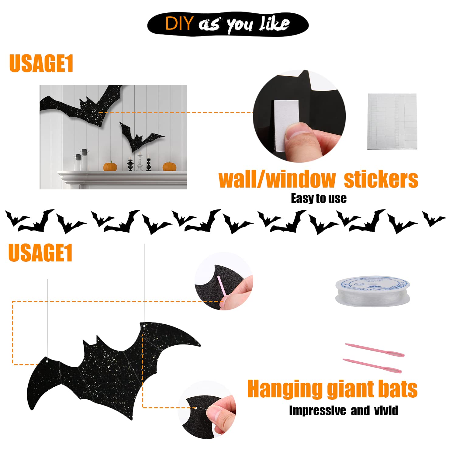 Lomimos 36Pcs Halloween Hanging Bat,Glittery 3D Black Decorative Bat Stickers Decor For Wall Window Party Home Decoration Suppli
