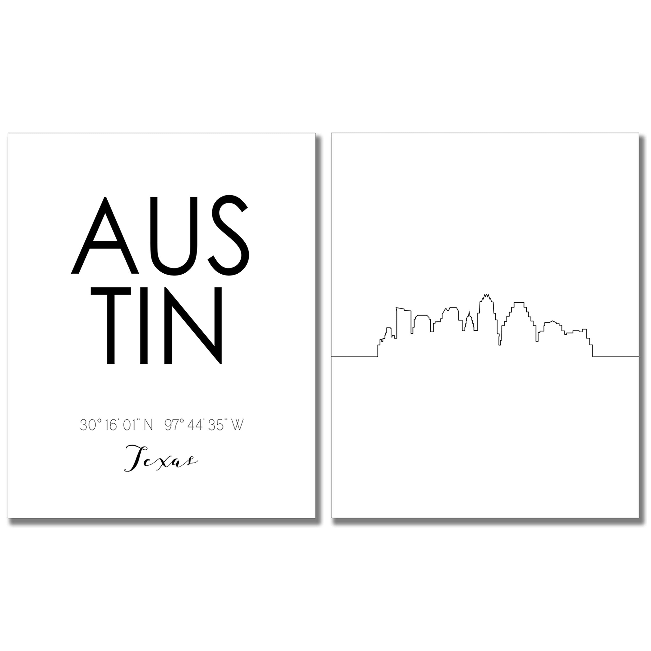 N&T Austin City Skyline Wall D  Cor Prints - Set Of 2 (8X10) Art Photos - Typography Minimalist Poster