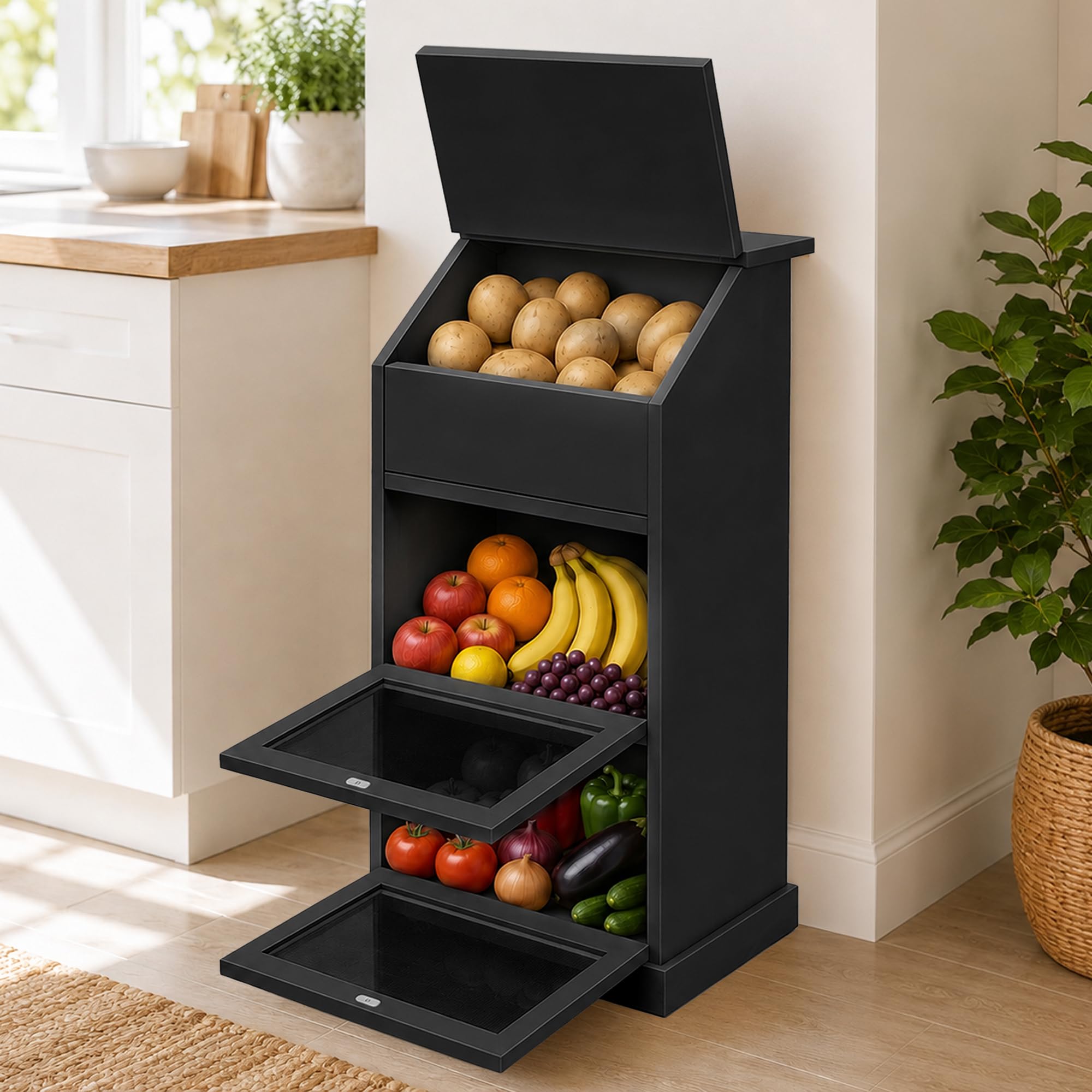 Verssure Potato and Onion Storage Bin with Lid, 3Tier Vegetable Storage, Wooden Rustic Bread Box Cabinet for Fruit and Vegetabl