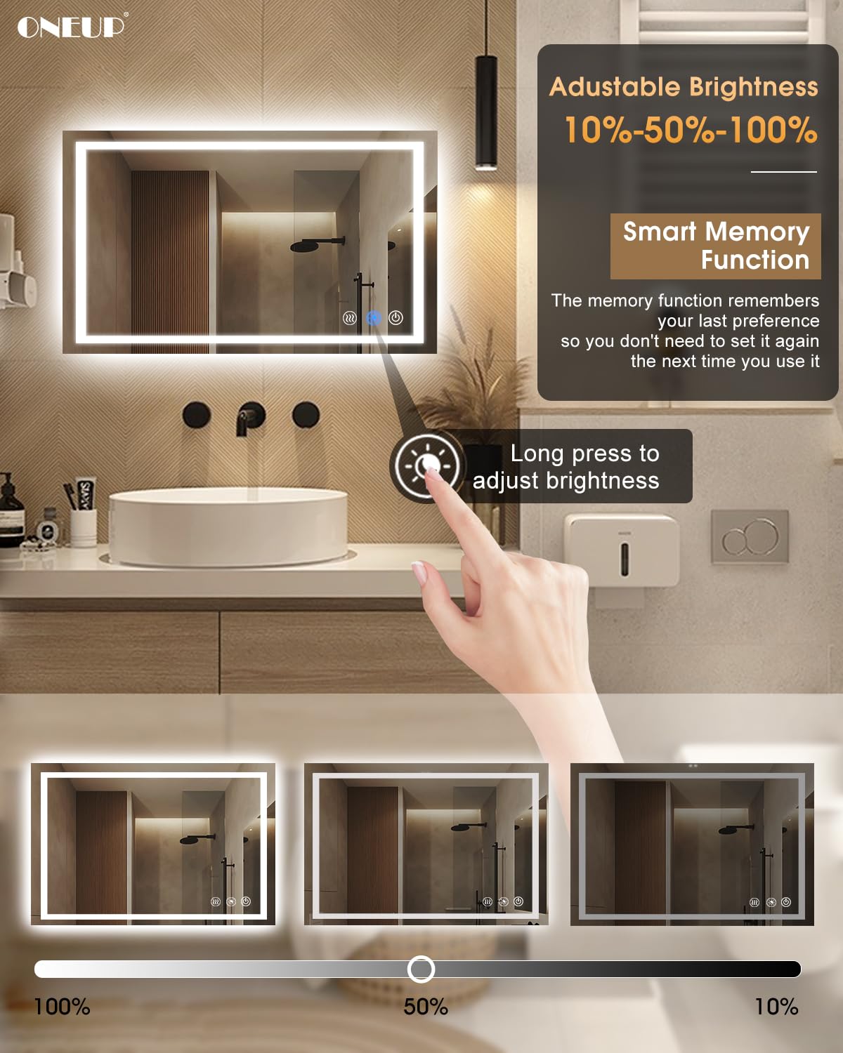Oneup 40''X24'' Bathroom Mirror With Lights,Front Lighted Bathroom Mirrors For Wall,Anti-Fog Smart Vanity Mirror,Touch Button An