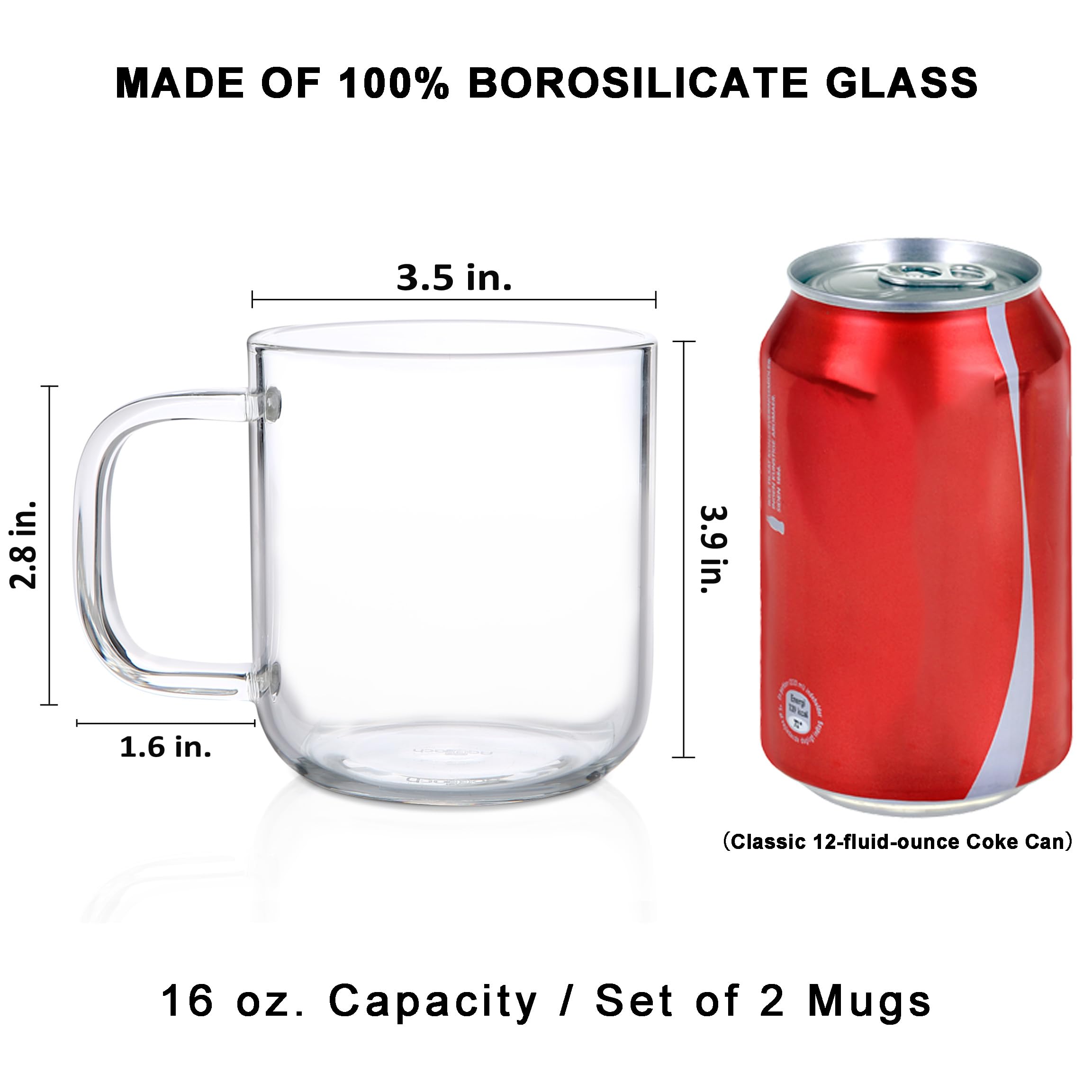 Aquach Glass Mugs 20 Oz Set Of 2, Extra Large Clear Glass Cup With Handle For Hot/Cold Coffee Tea Beverage, Drinking Glasses