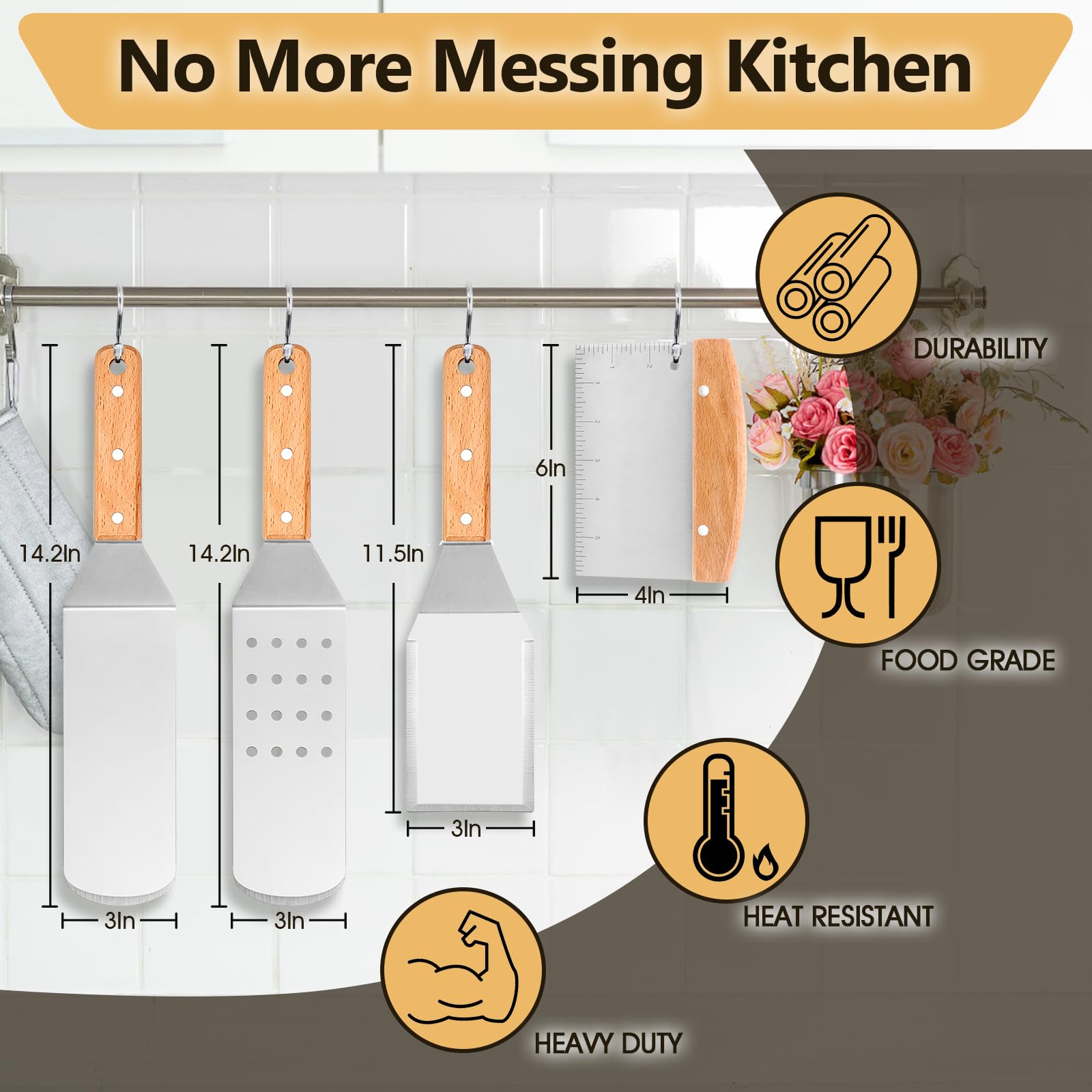 Hasteel Metal Spatula Set Of 4, Stainless Steel Griddle Spatula Tools Set With Wooden Riveted Handle, Professional Griddle Acces