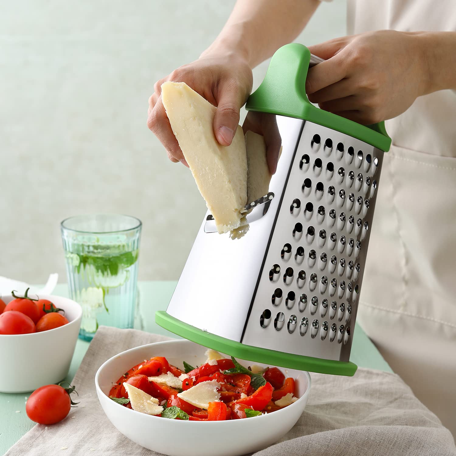 Spring Chef XL Green Stainless Steel Box Grater - 4 Sided, Dishwasher Safe, Ideal for Cheese, Vegetables, and More