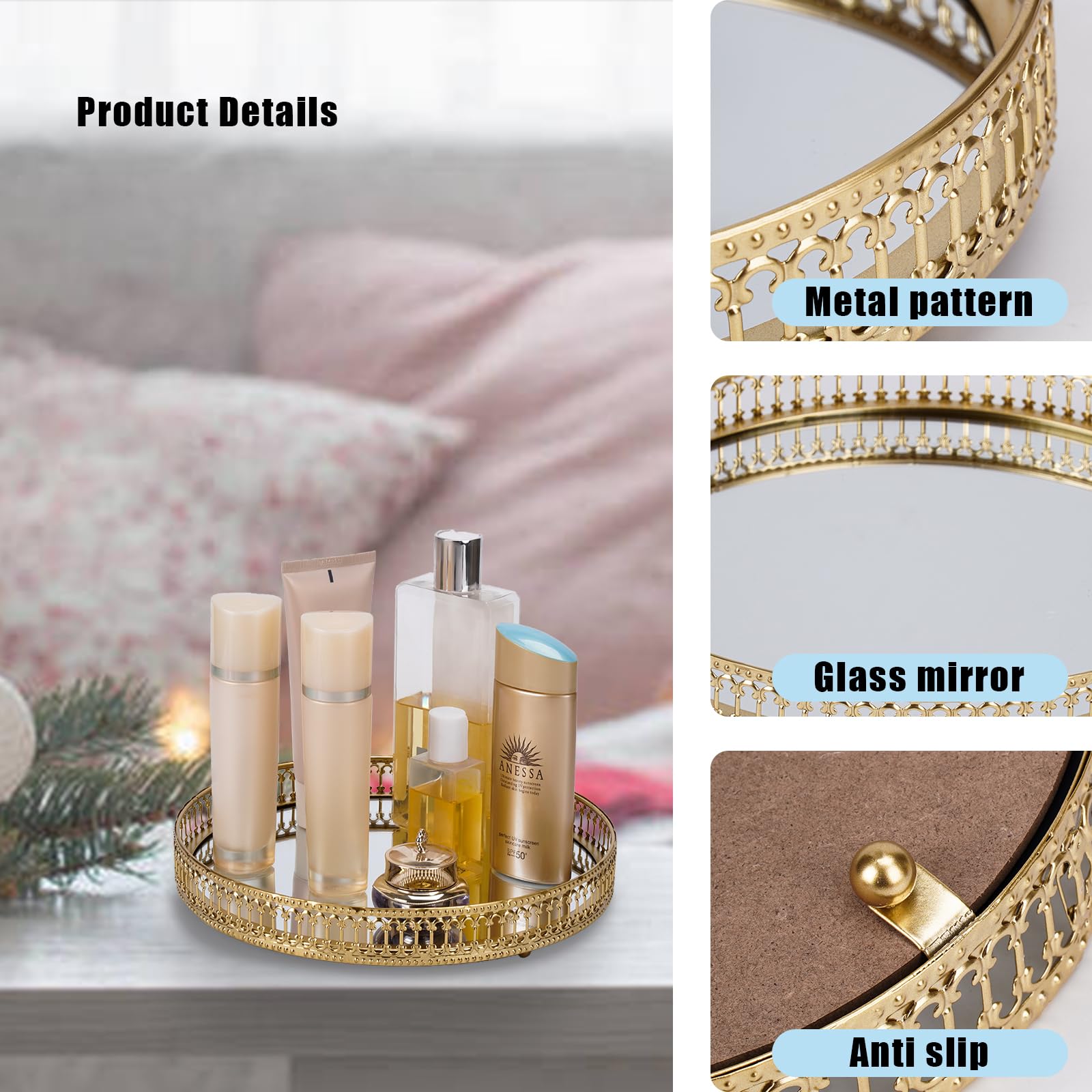 Ayswupt Gold Mirrored Vanity Tray For Bathroom Counter,Metal Decorative Jewelry Storage Tray Cosmetic Perfume Organizer For Dres