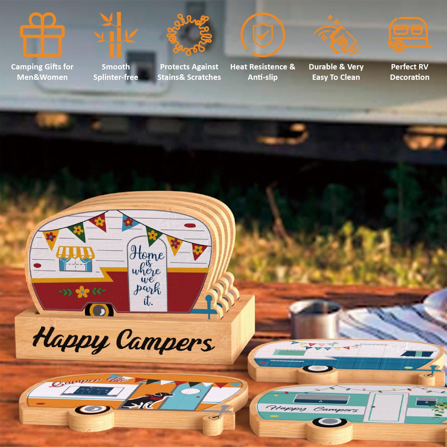 Haigoo Camping Coasters Set Of 6, Happy Camper Bamboo Coaster With Holder, Rv Lover Gifts Square Drink Coasters Suitable For Var