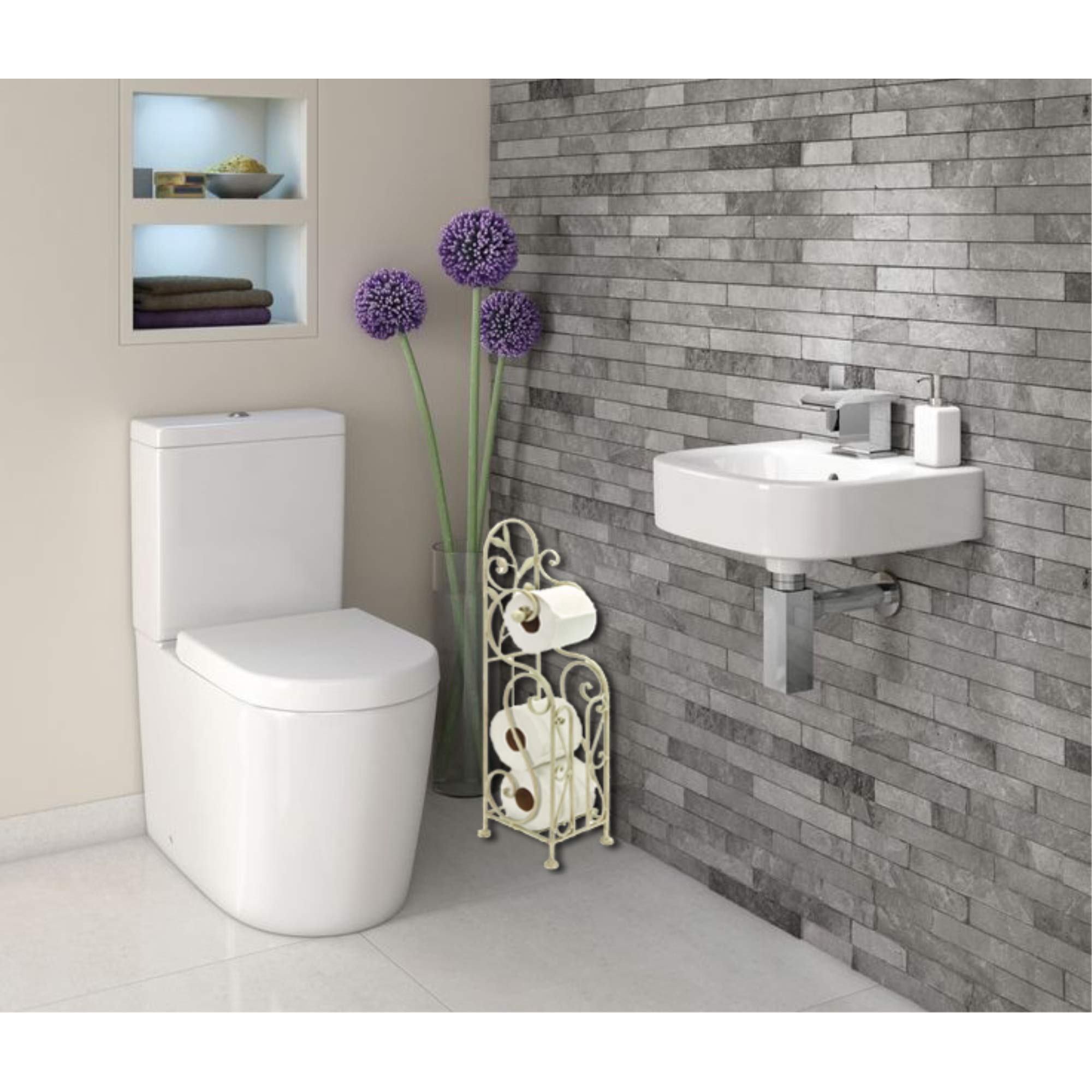 Deco 79 Metal Scroll Toilet Paper Holder With Space To Hold 3 Rolls, 8 X 6 X 24, Cream