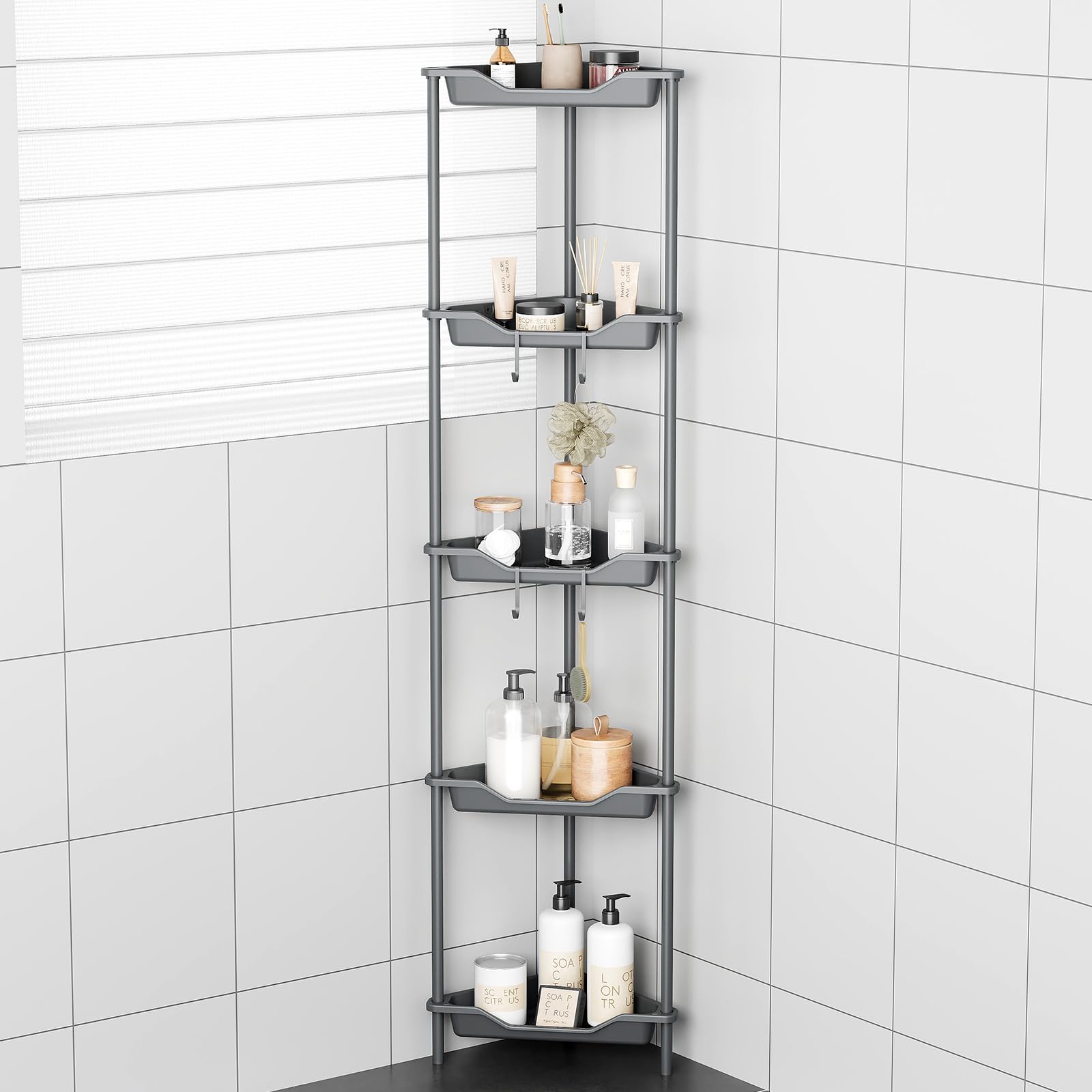 Odesign 5 Tier Floor Standing Corner Shower Caddy Organizer, Plastic Metal Floor Corner Shelf Storage Rack For Bathroom Grey - R