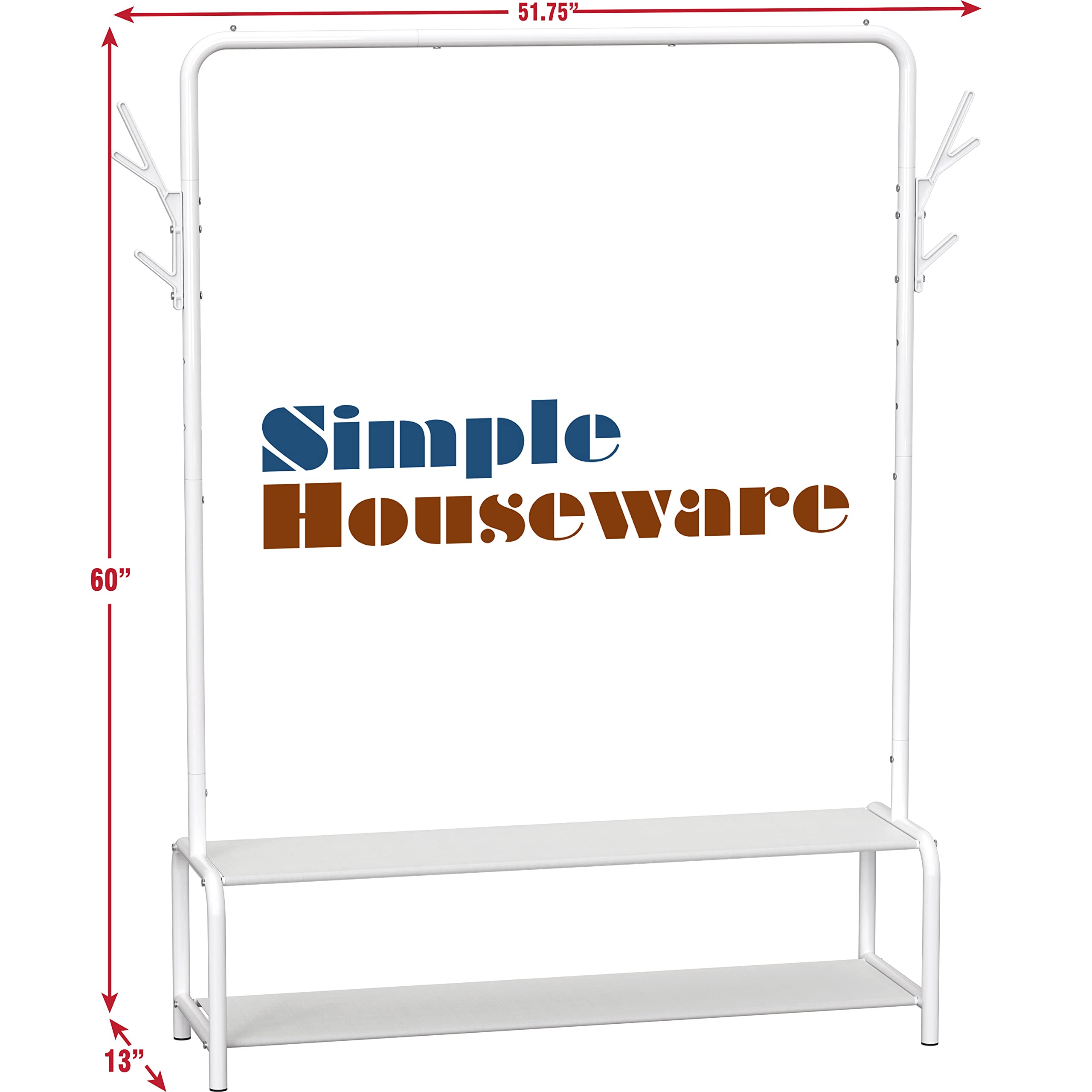Simple Houseware Garment Rack With Storage Shelves And Coat/Hat Hanging Hooks, White