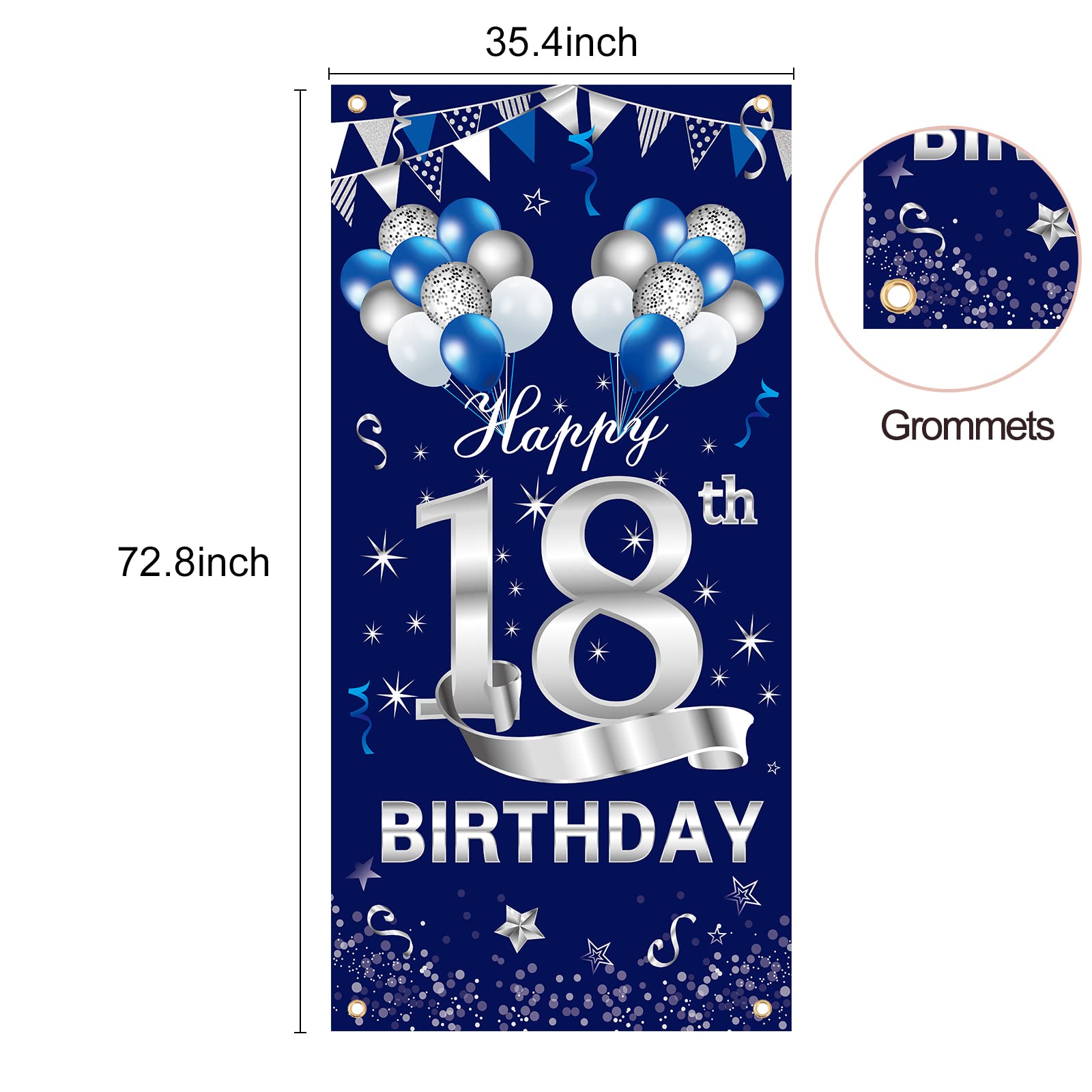 Turypaty Blue Silver 18Th Birthday Door Banner Decorations, Happy 18 Birthday Door Cover Sign Party Supplies For Boys, Sweet 18