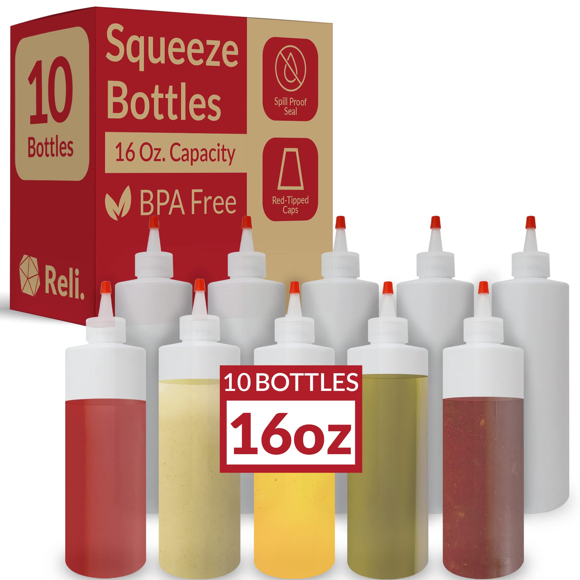 Reli. Plastic Squeeze Bottles, 16 Oz. | 10 Pack | Condiment Squeeze Bottles For Sauces | Clear W/Red Tip Cap | 16 Ounce Hot Sauc
