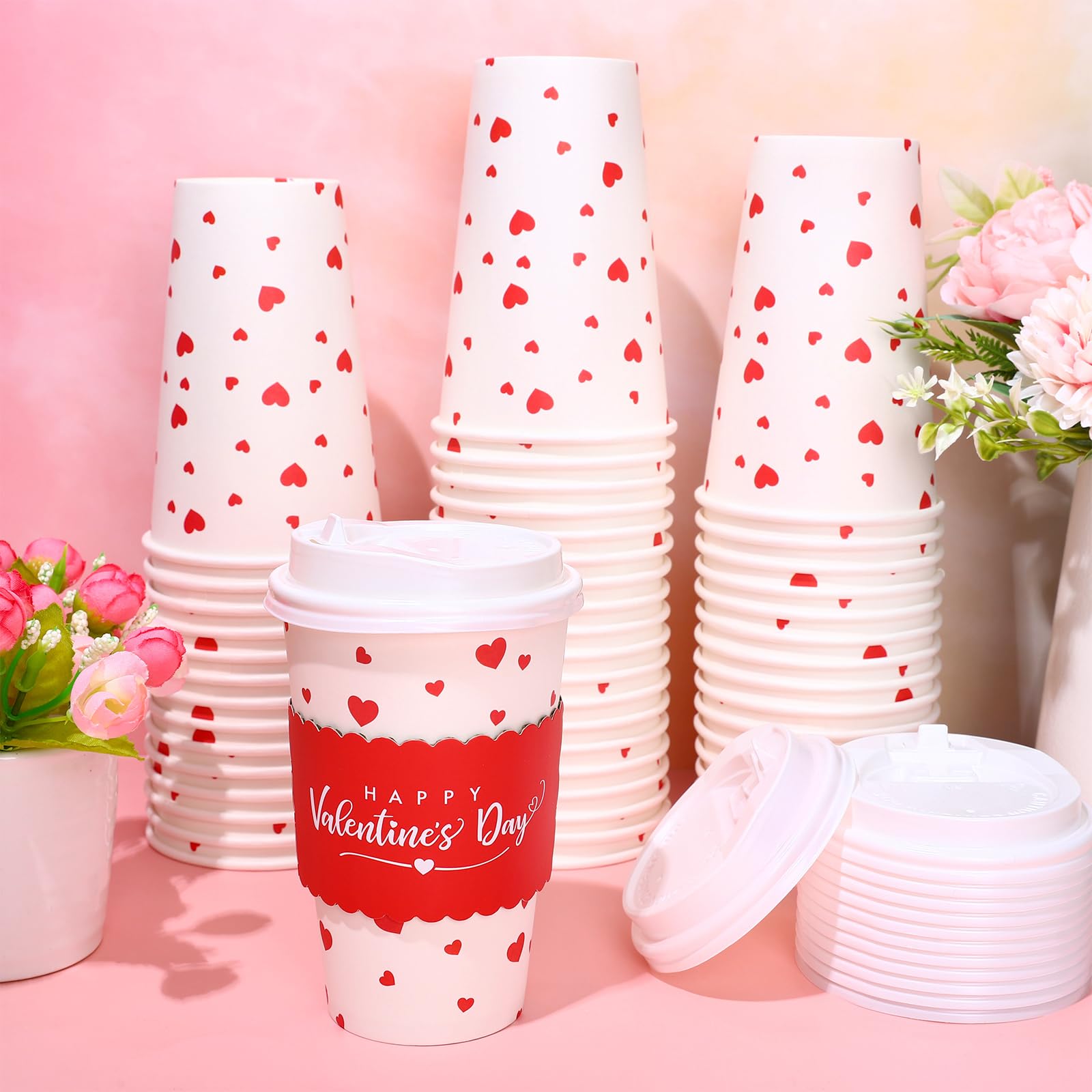 Whaline 50Pcs Valentine'S Day Disposable Coffee Cups With Lids And Sleeves Red Mini Love Heart Paper Drinking Cups For Wedding A