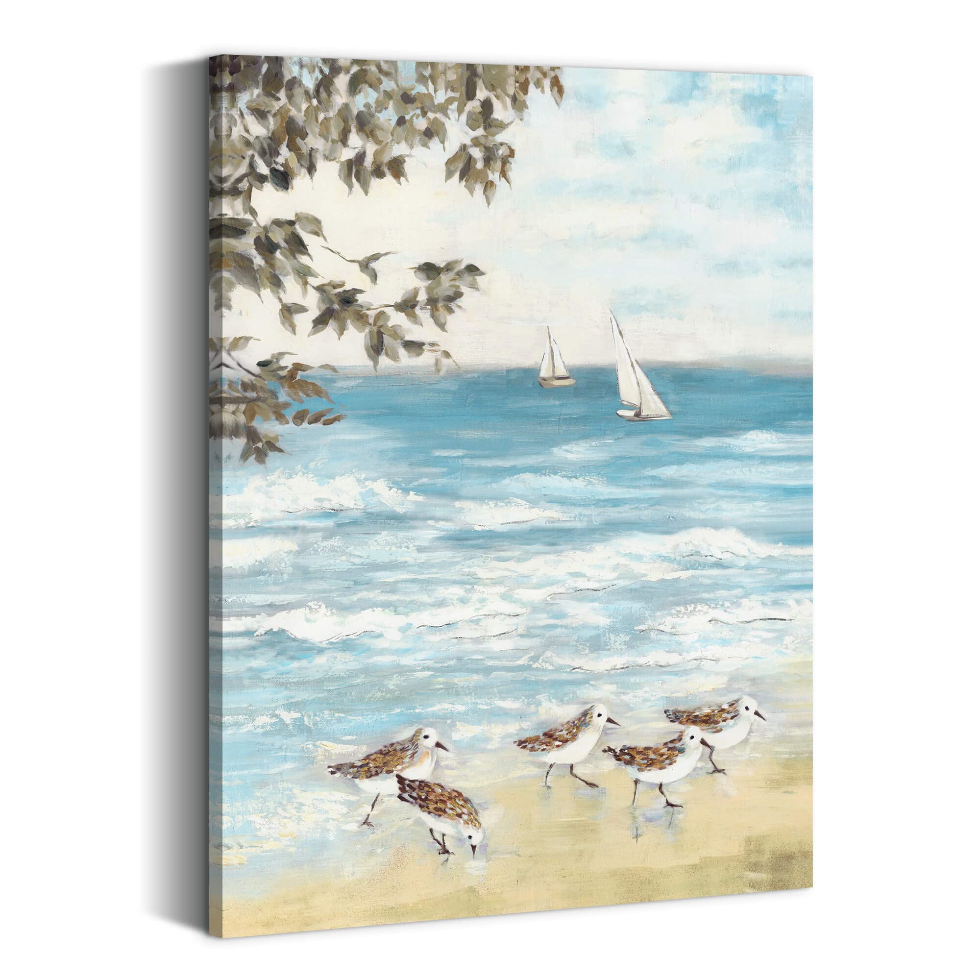 Summer Melody Beach Sandpiper Painting Wall Art: Coastal Sea Bird Canvas Abstract Ocean Artwork For Bedroom Seashore Seagull Pic