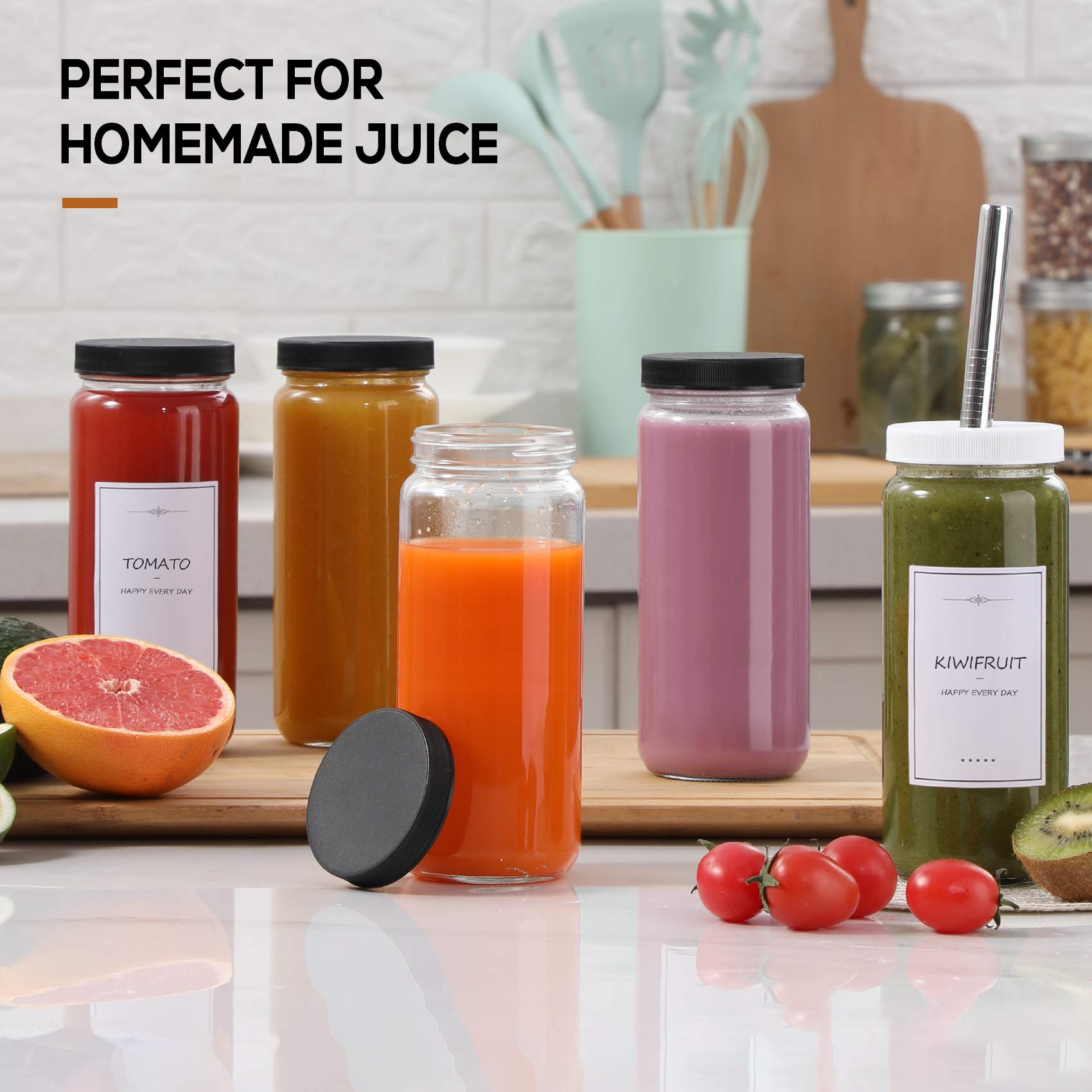 [ 8 Pack ] Glass Juicing Bottles With 2 Straws & 2 Lids W Hole- 16 Oz Travel Drinking Jars, Water Cups With Black Airtight Lids,