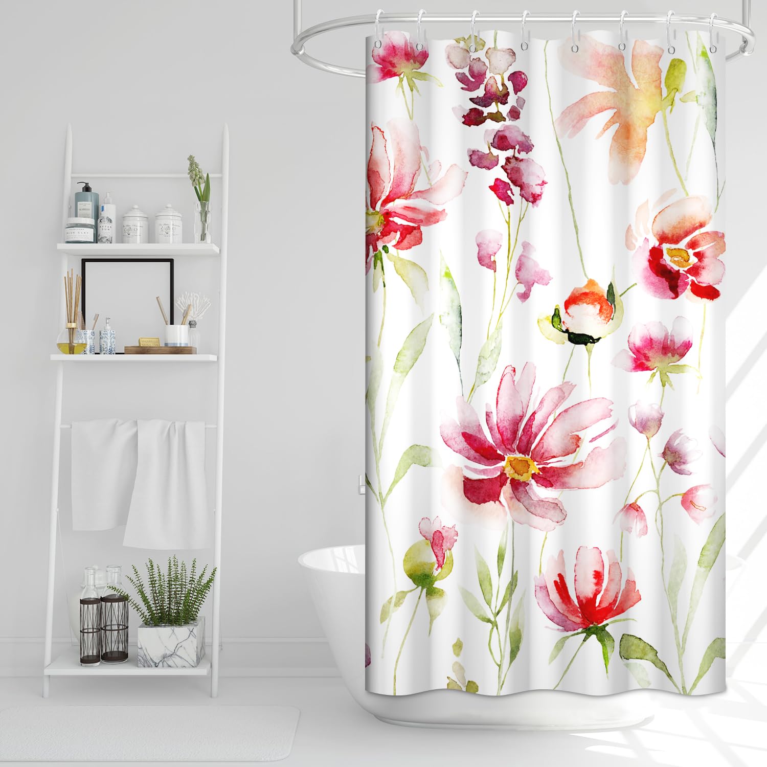 Ruelvth Stall Shower Curtain, Watercolor Red And Green Floral Shower Curtain For Bathroom Waterproof Fabric Spring Rv Shower Cur