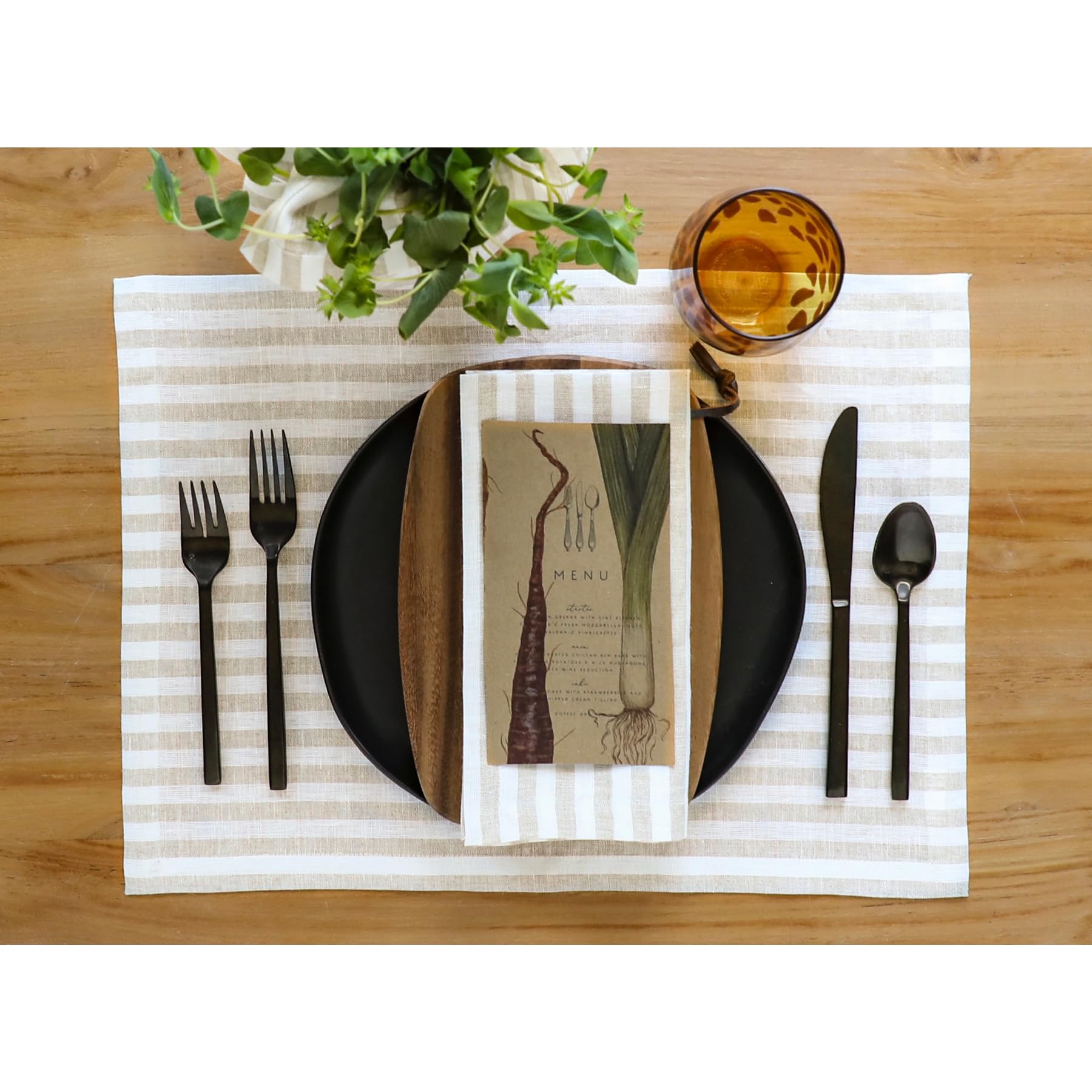 Solino Home Stripe Linen Placemats Set Of 4 - 100% Pure Linen Natural And White Placemats 19 '' L X 14 '' W Inch - Farmhouse Was