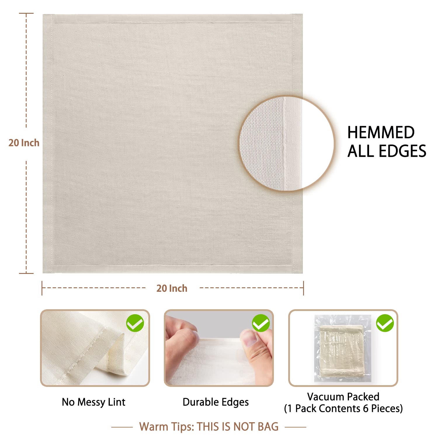 Olicity Cheese Cloths, 6Pcs, Grade 100,20X20Inch Hemmed Cheese Cloth Fabric Reusable Fine Mesh Cloth Strainer, 100% Cotton Unble